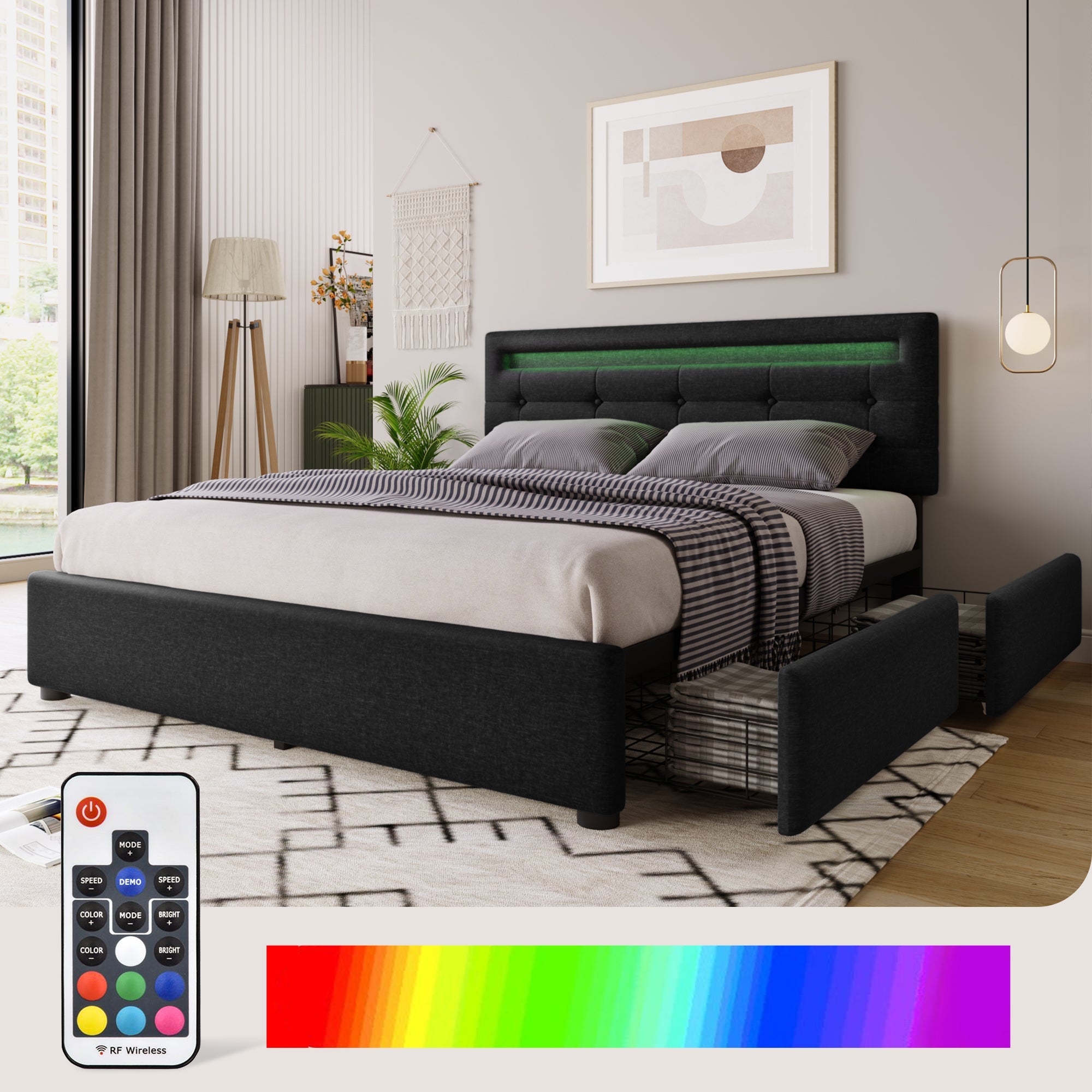 Logidon bed frame LED lighting and 4 drawers 140x200 black