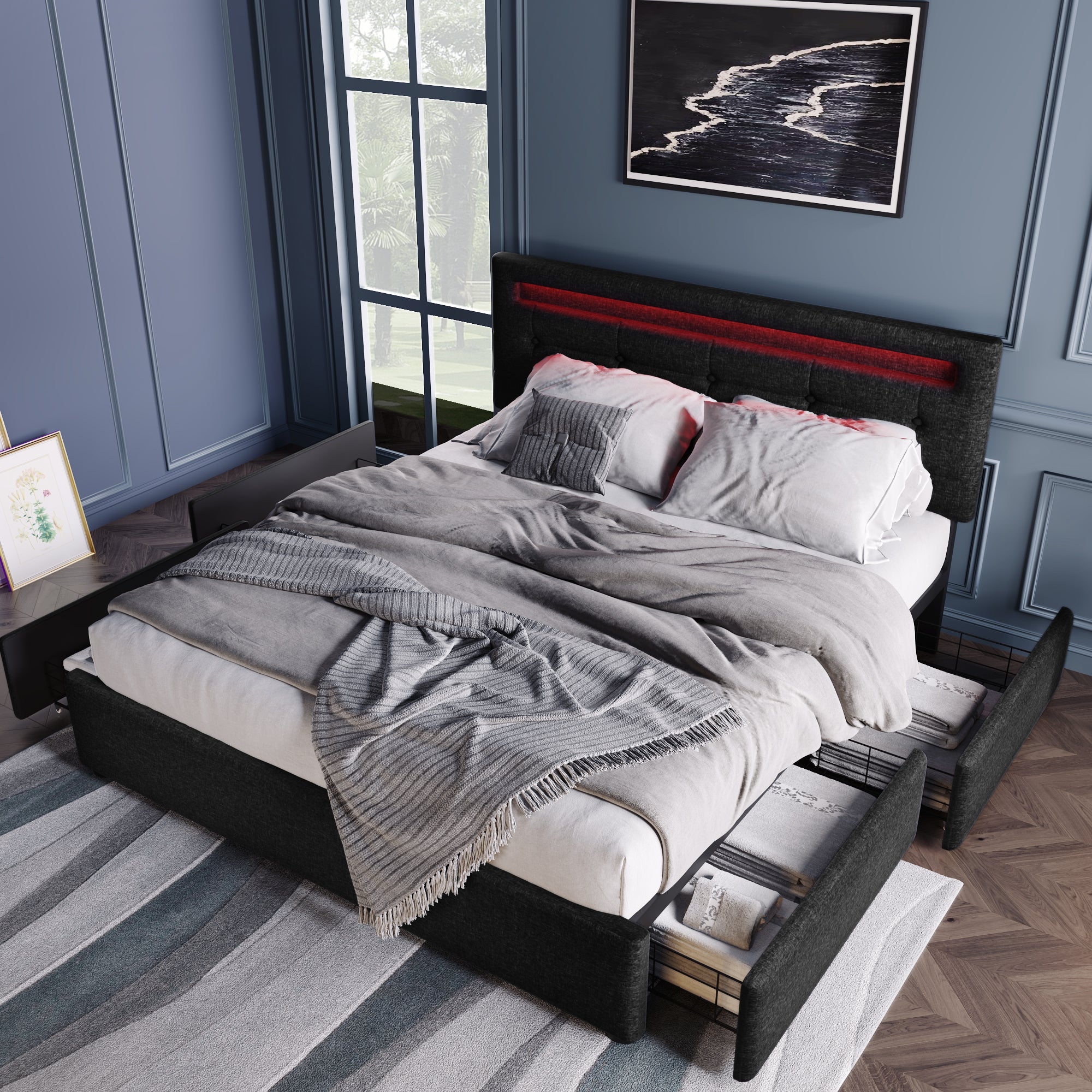 Logidon bed frame LED lighting and 4 drawers 140x200 black