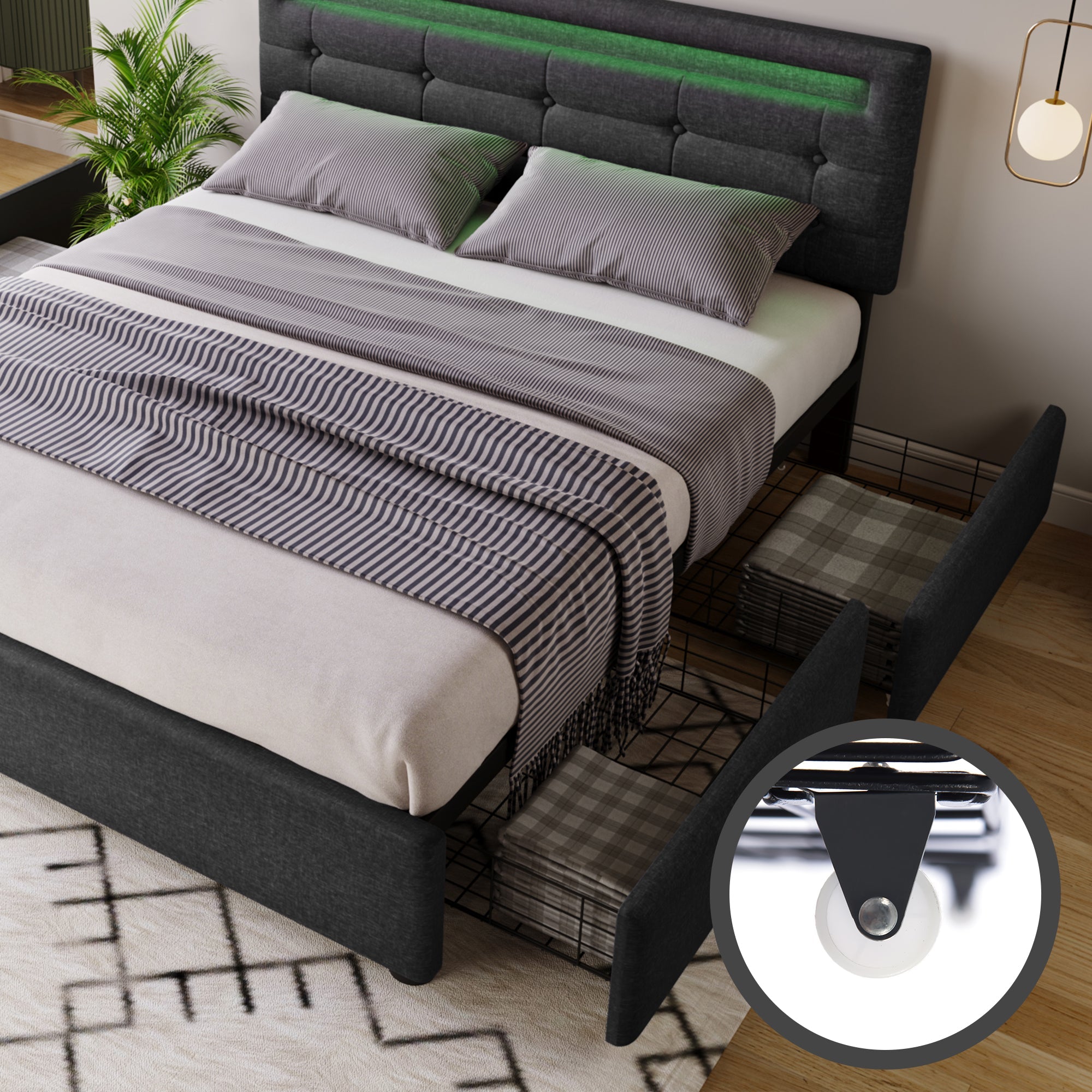 Logidon bed frame 140x200 cm with LED lighting 4 drawers gray