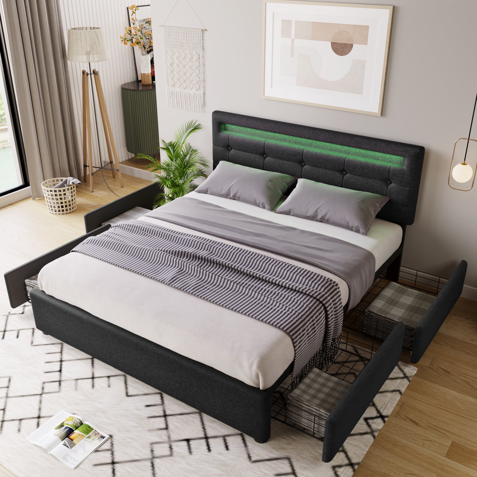 Logidon bed frame LED lighting and 4 drawers 140x200 black