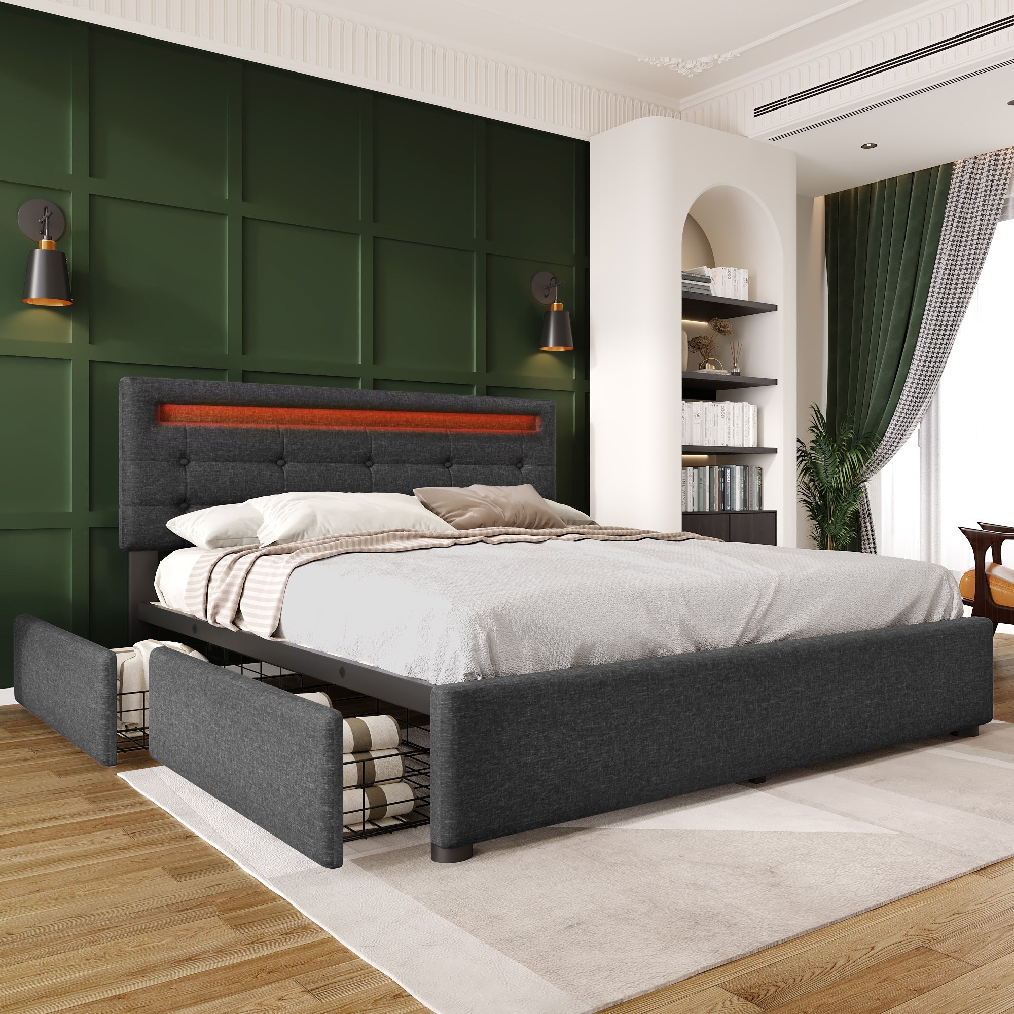 Logidon bed frame 140x200 cm with LED lighting 4 drawers gray