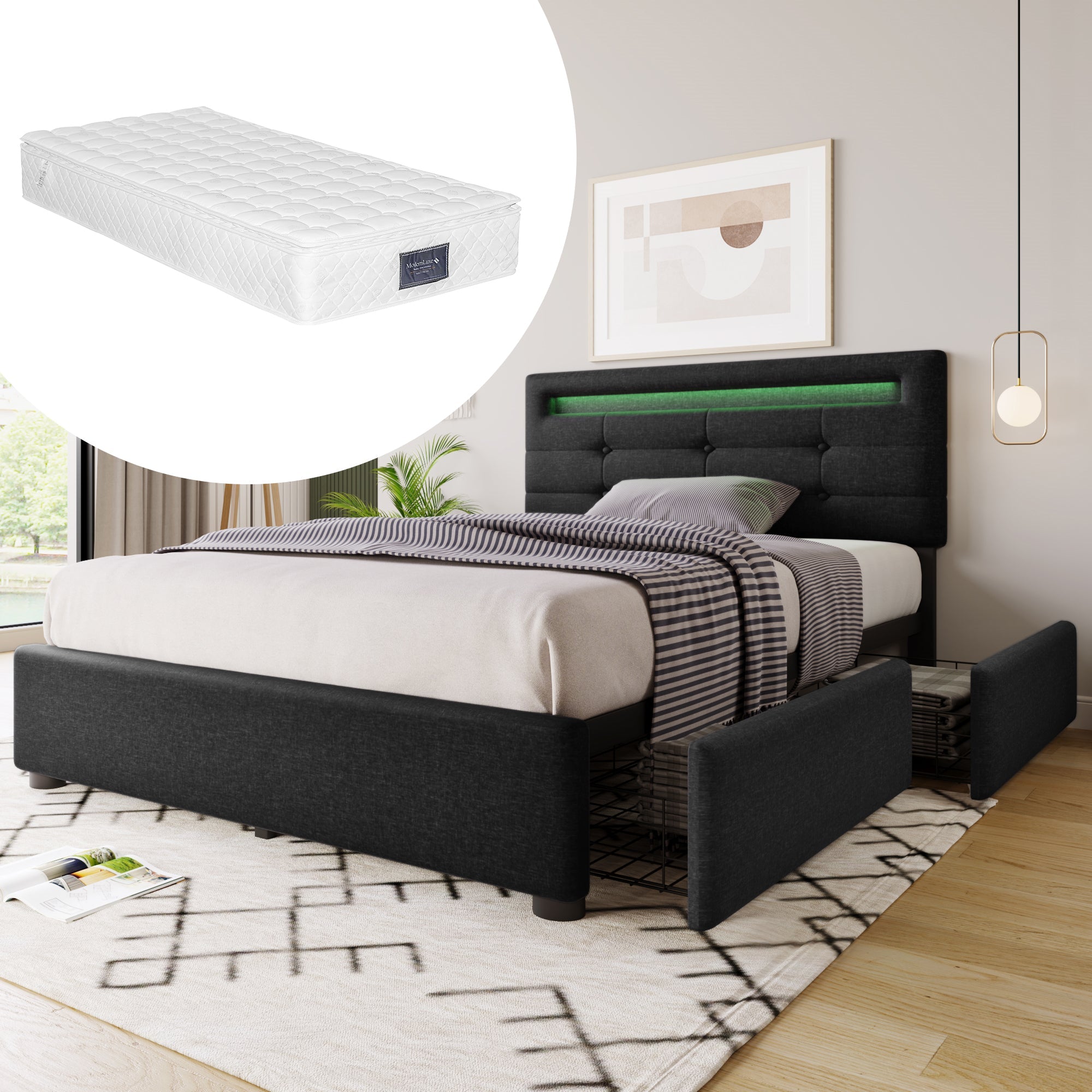 Logidon bedframe met LED-verlichting en 2 lades 90x200 zwart
