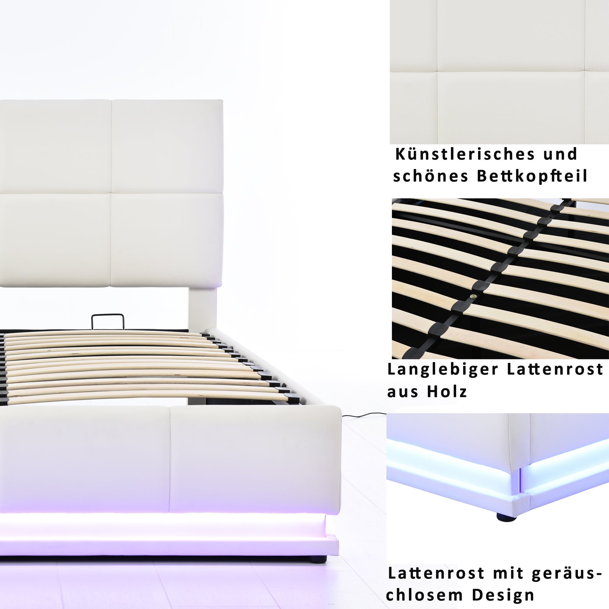 Logidon gestoffeerd bed 140x200 cm wit met LED-verlichting en bedstee