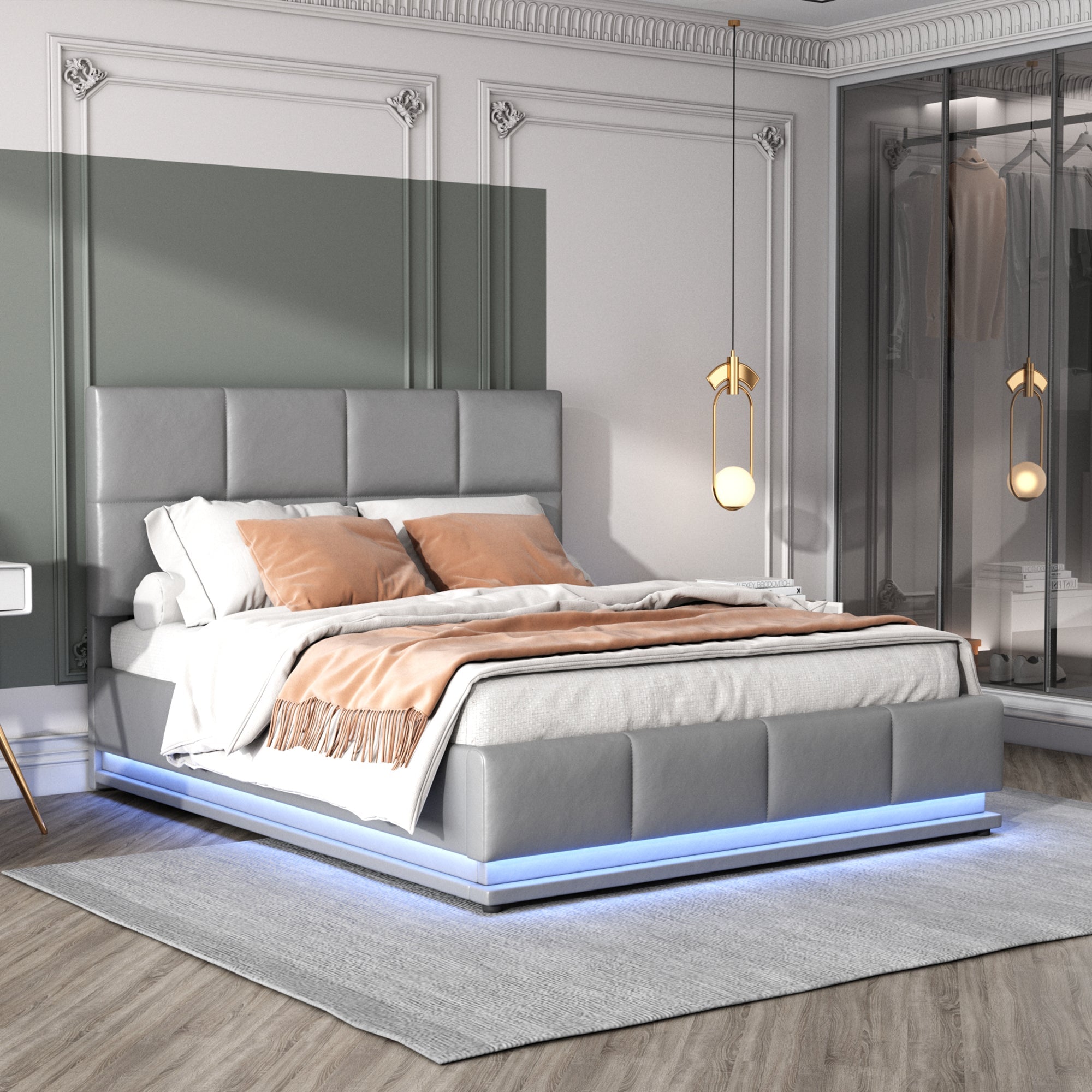 Logidon upholstered bed 140x200 gray with LED lighting bed storage space