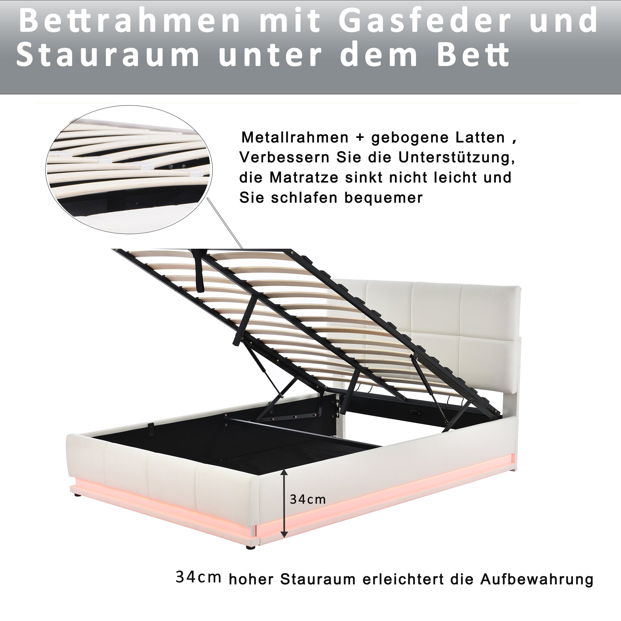 Logidon gestoffeerd bed 140x200 cm wit met LED-verlichting en bedstee