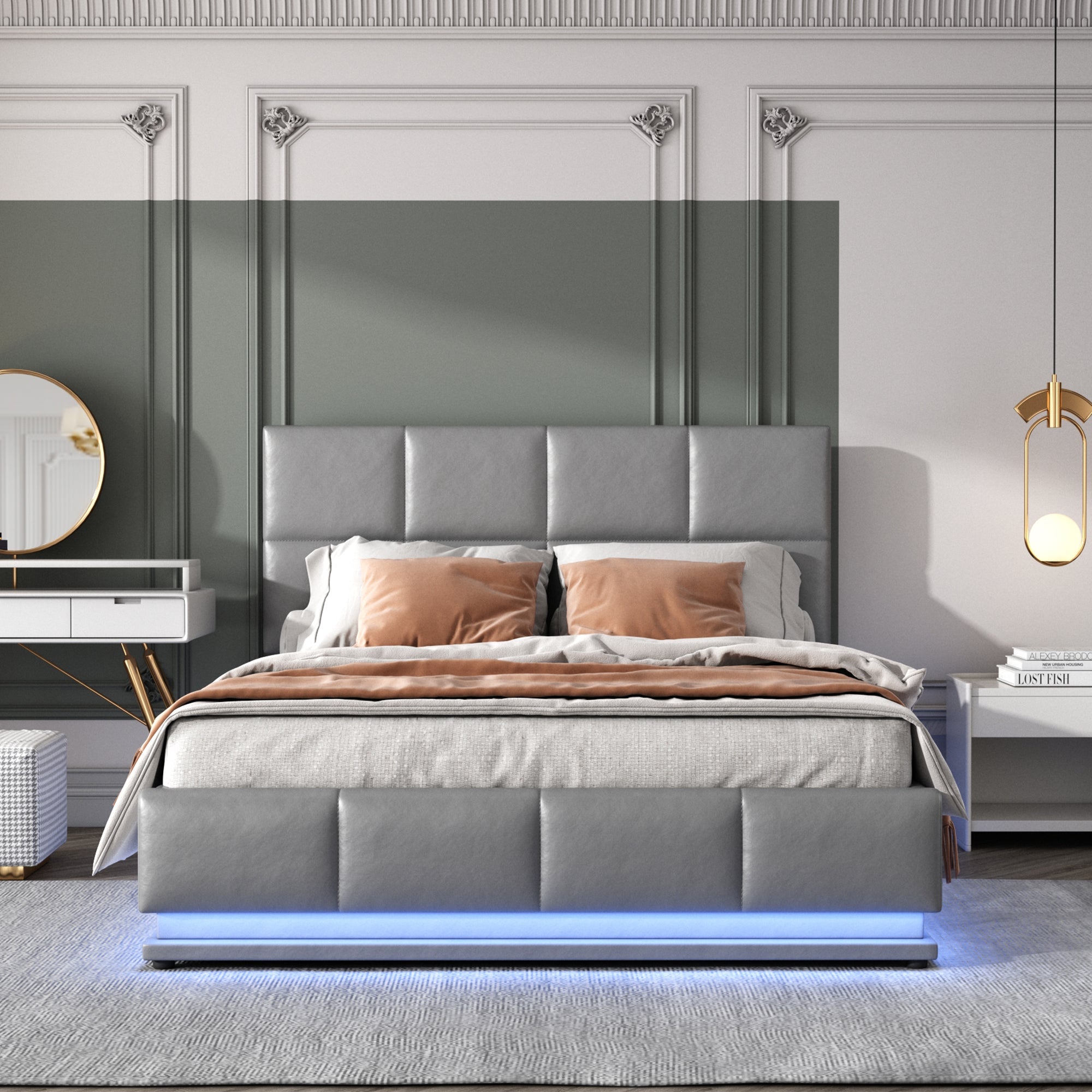 Logidon upholstered bed 140x200 gray with LED lighting bed storage space