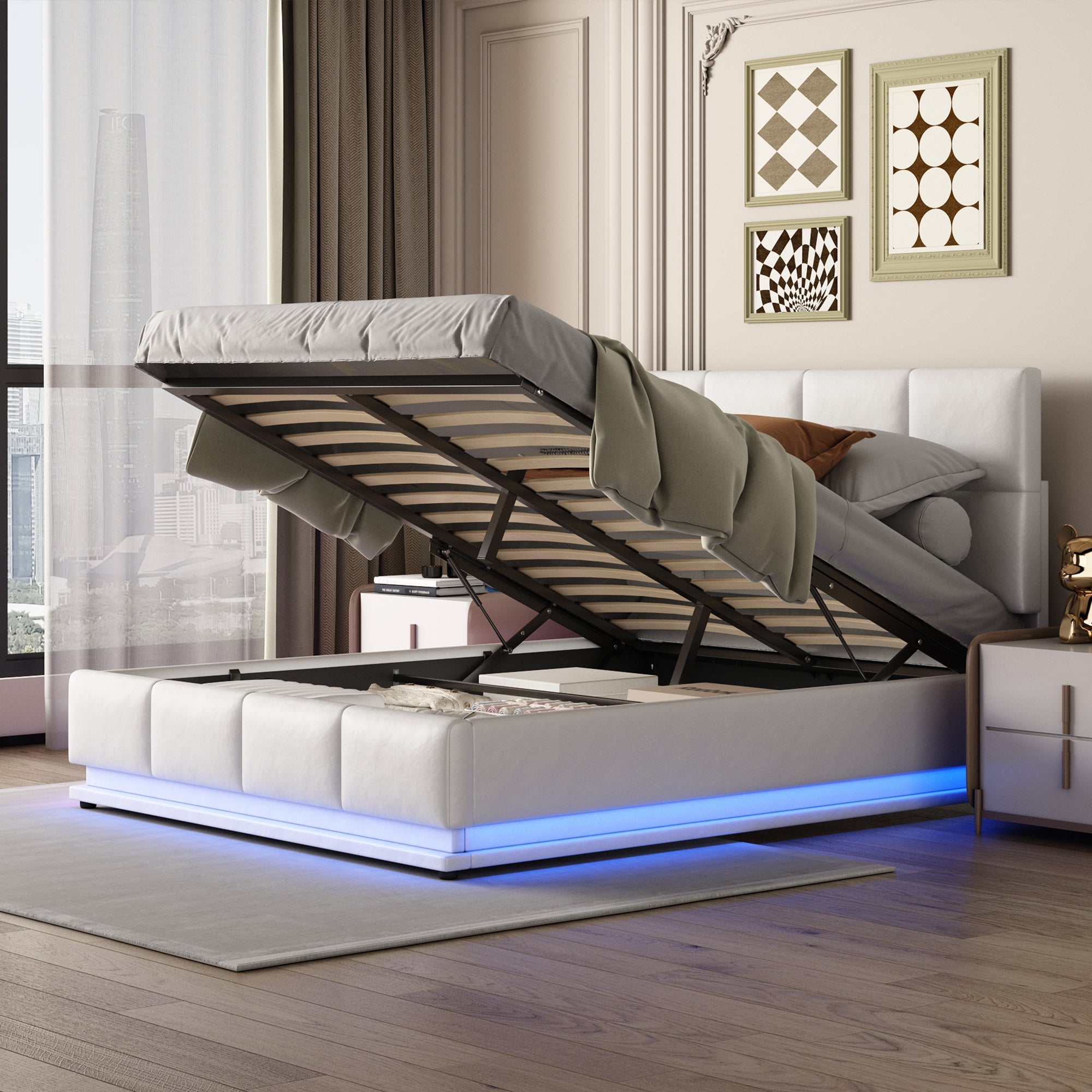 Logidon gestoffeerd bed 140x200 cm wit met LED-verlichting en bedstee