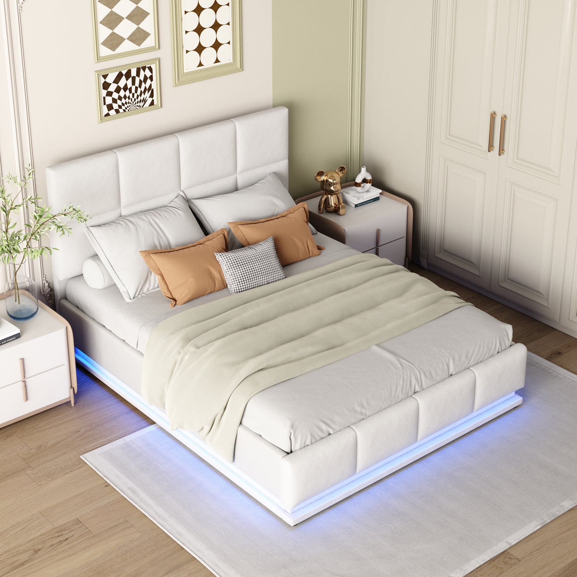 Logidon gestoffeerd bed 140x200 cm wit met LED-verlichting en bedstee