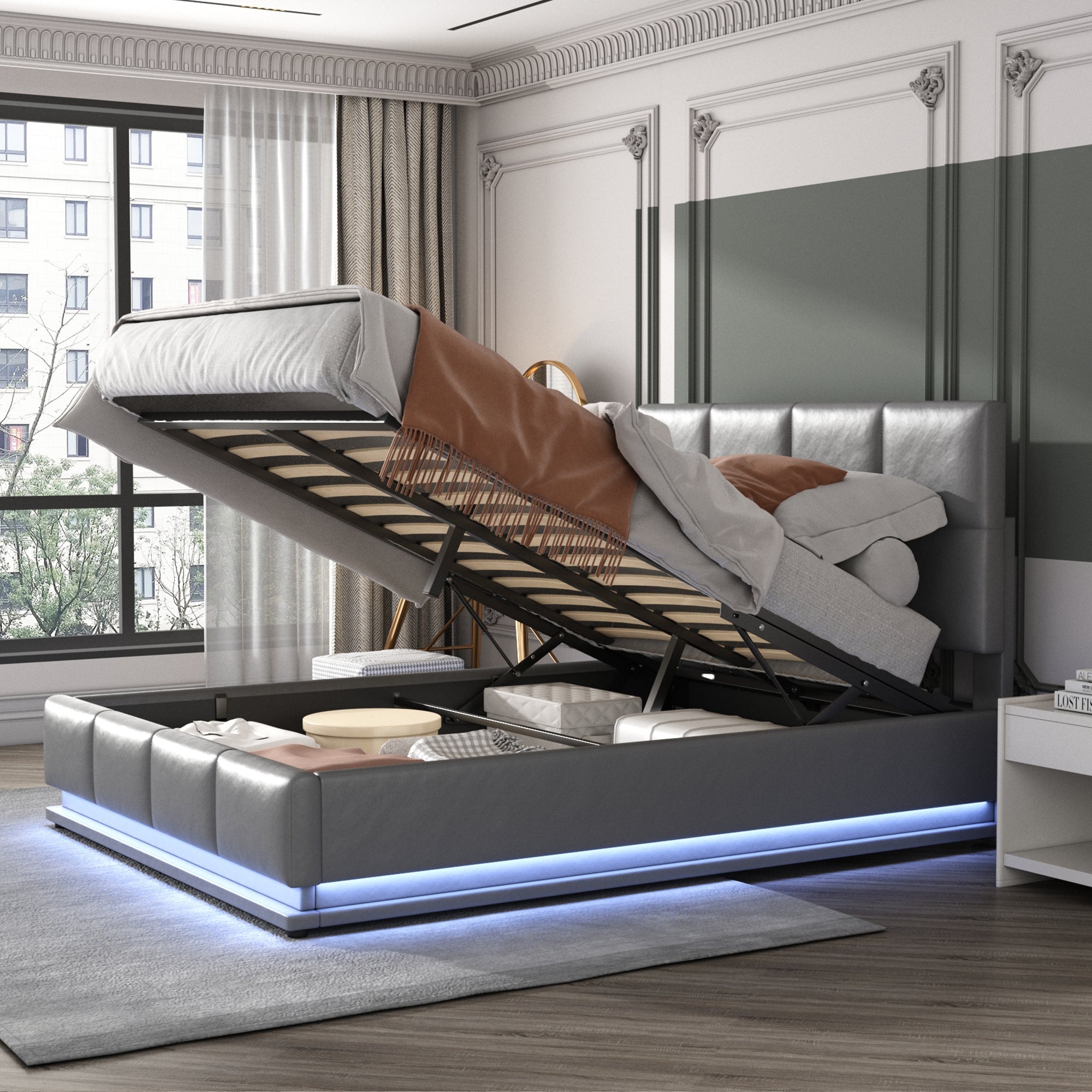 Logidon upholstered bed 140x200 gray with LED lighting bed storage space