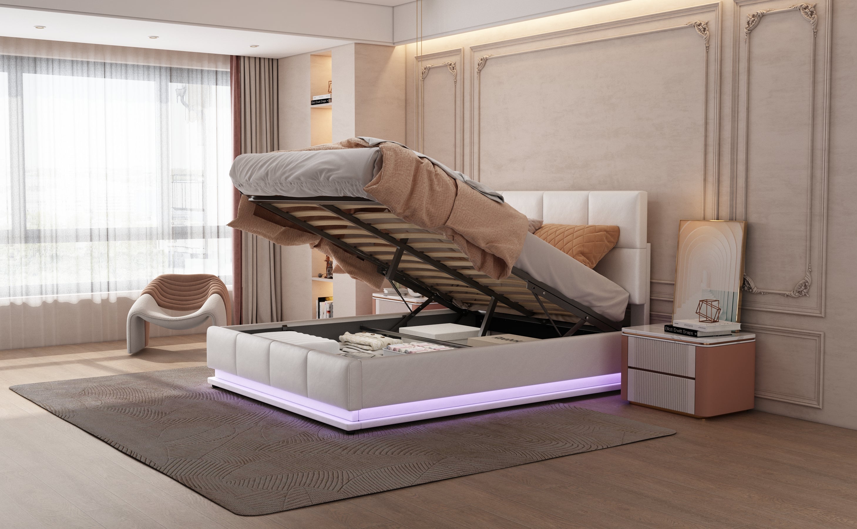 Logidon gestoffeerd bed 140x200 cm wit met LED-verlichting en bedstee