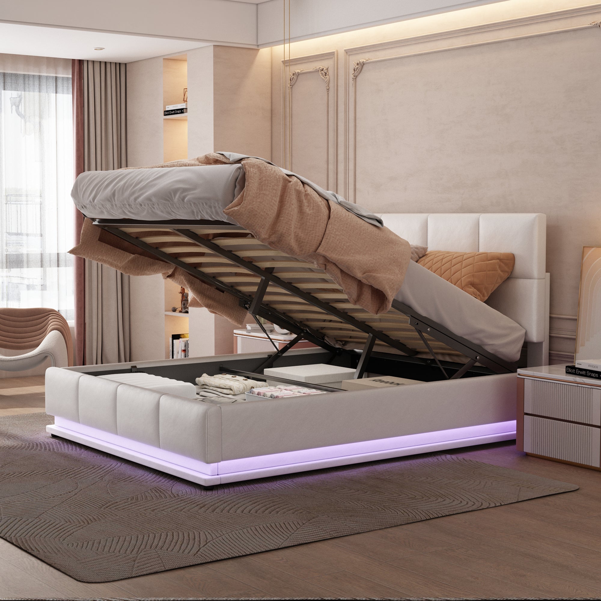 Logidon gestoffeerd bed 140x200 cm wit met LED-verlichting en bedstee