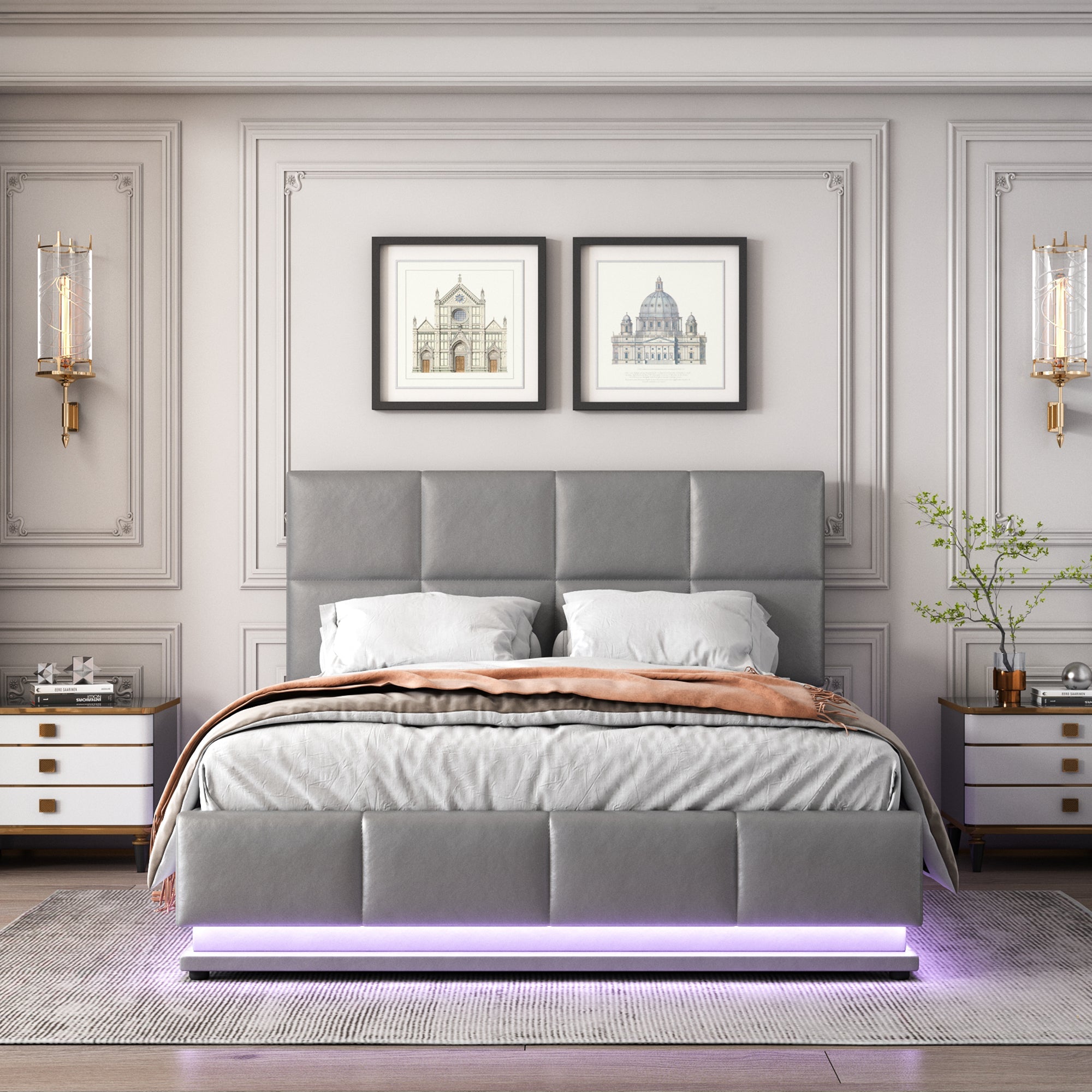 Logidon upholstered bed 140x200 gray with LED lighting bed storage space