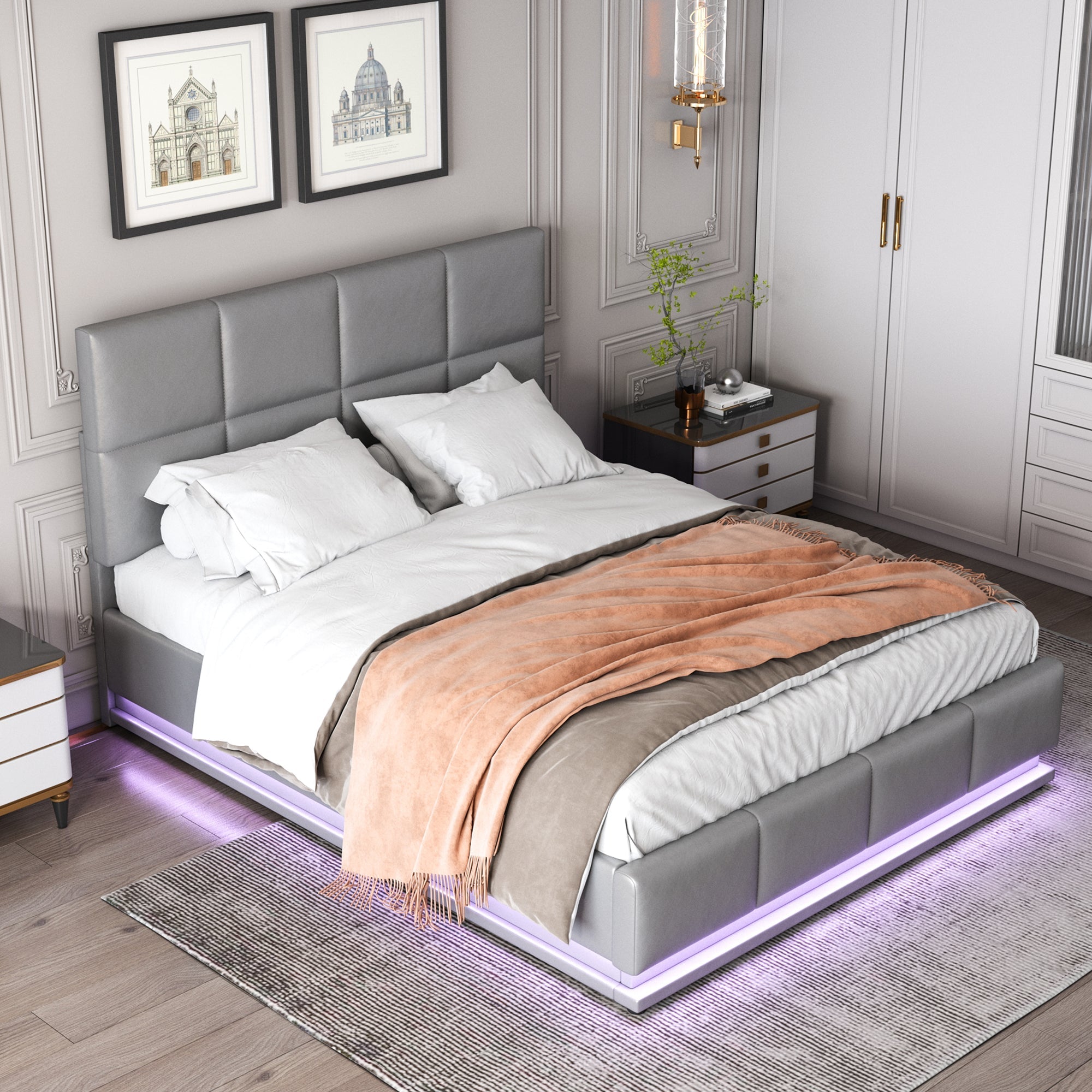 Logidon upholstered bed 140x200 gray with LED lighting bed storage space