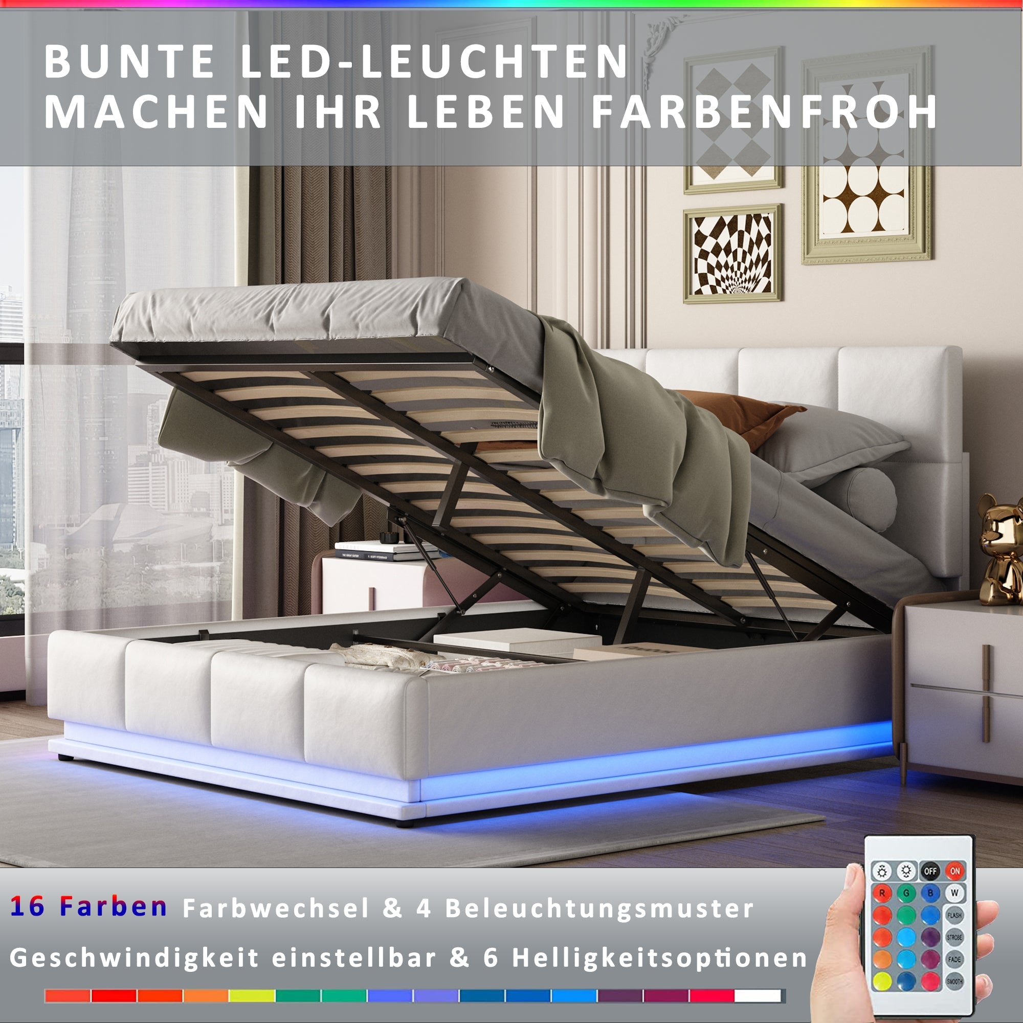 Logidon gestoffeerd bed 140x200 cm wit met LED-verlichting en bedstee