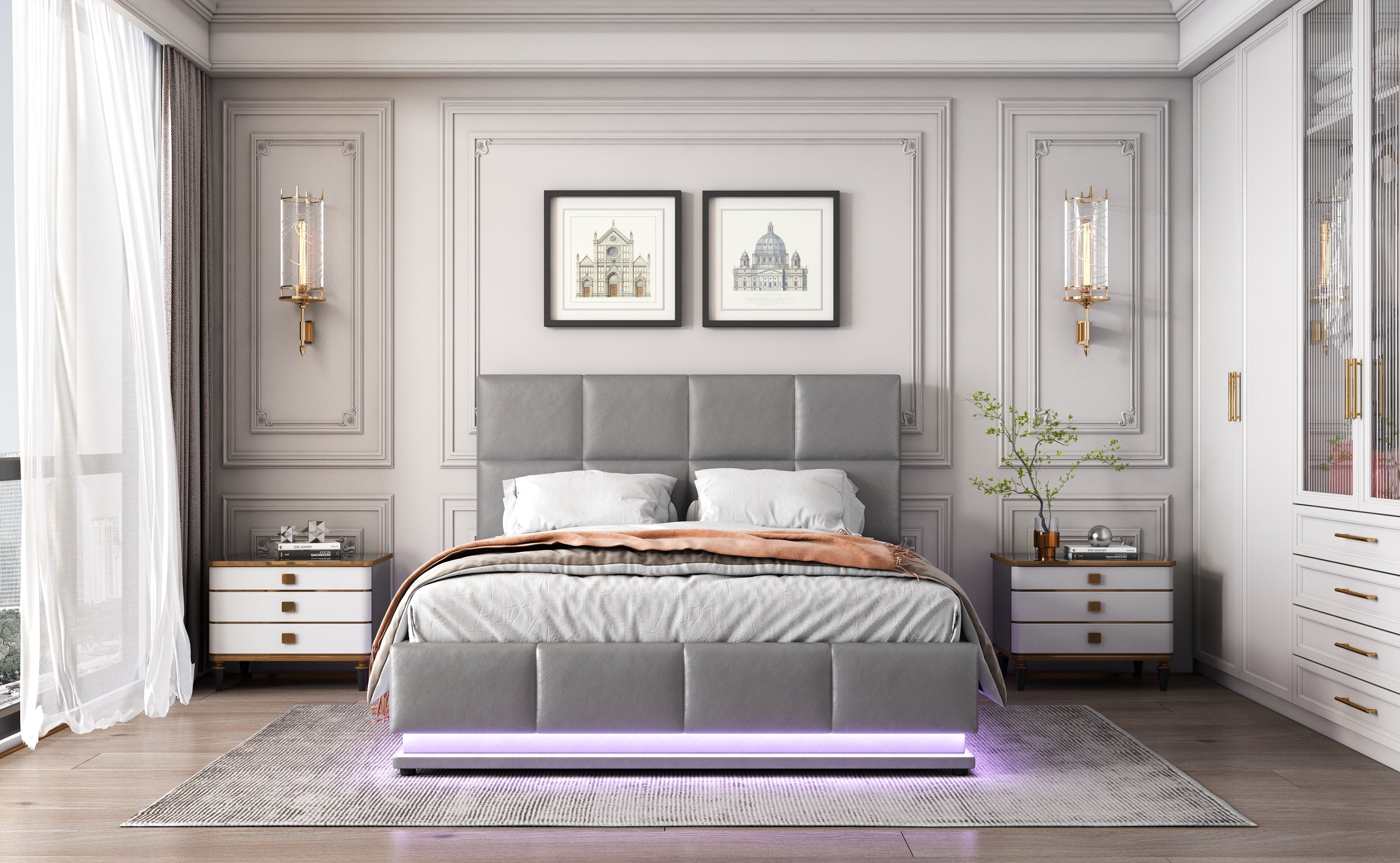 Logidon upholstered bed 140x200 gray with LED lighting bed storage space