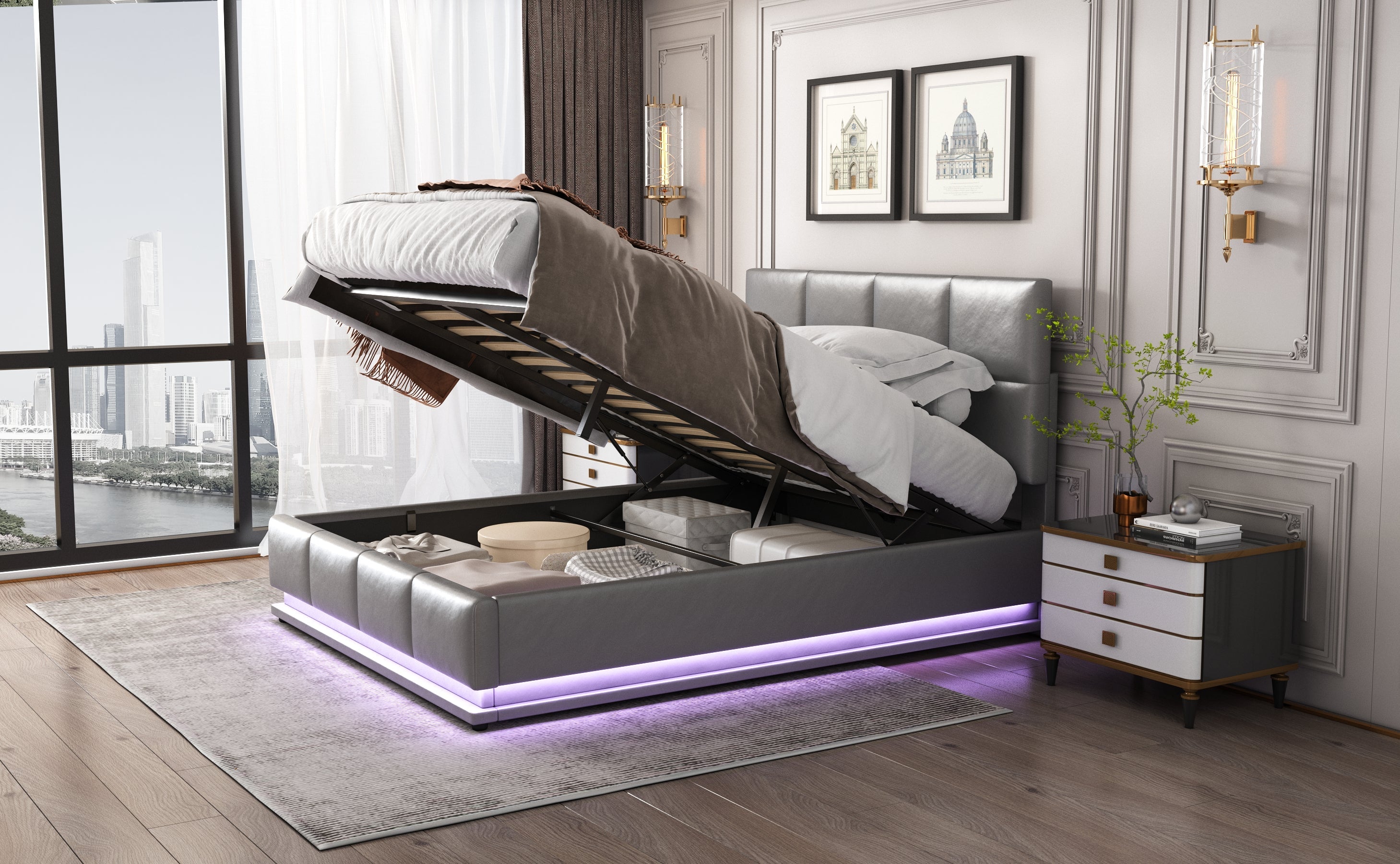 Logidon upholstered bed 140x200 gray with LED lighting bed storage space