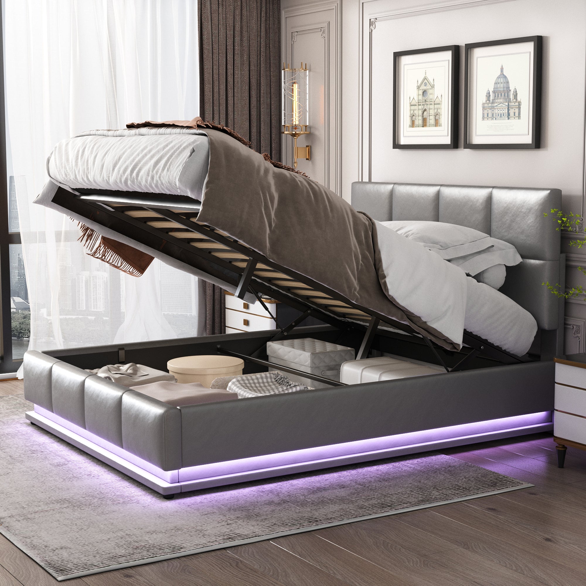 Logidon upholstered bed 140x200 gray with LED lighting bed storage space