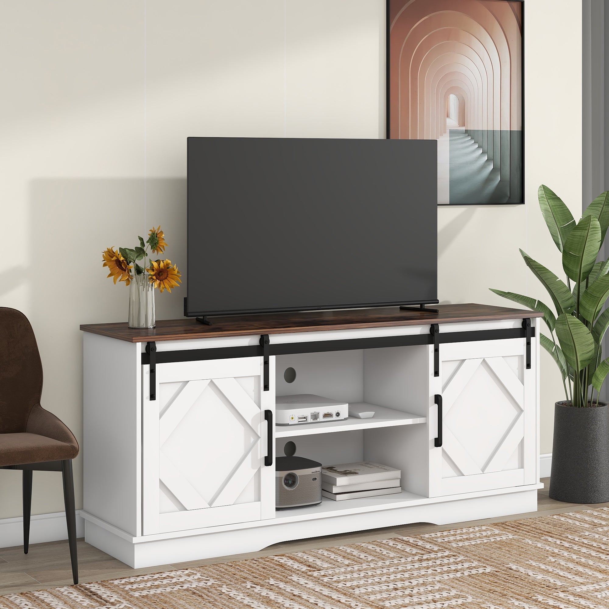 Logidon Large TV Cabinet Brown-White With Sliding Doors 150×40×60 cm
