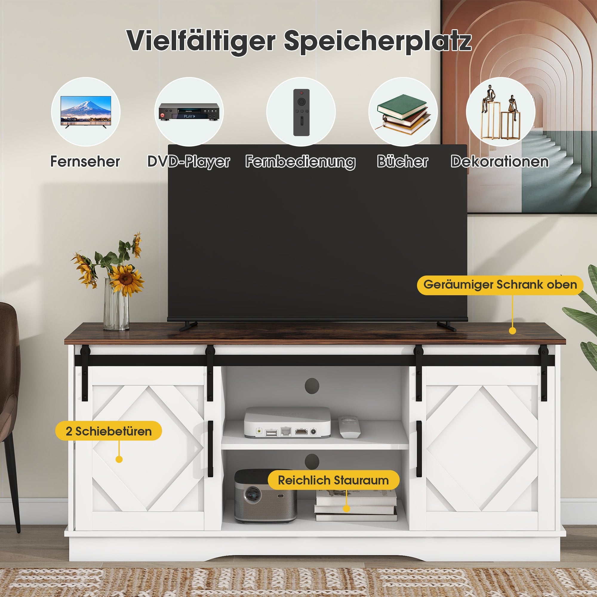 Logidon Large TV Cabinet Brown-White With Sliding Doors 150×40×60 cm