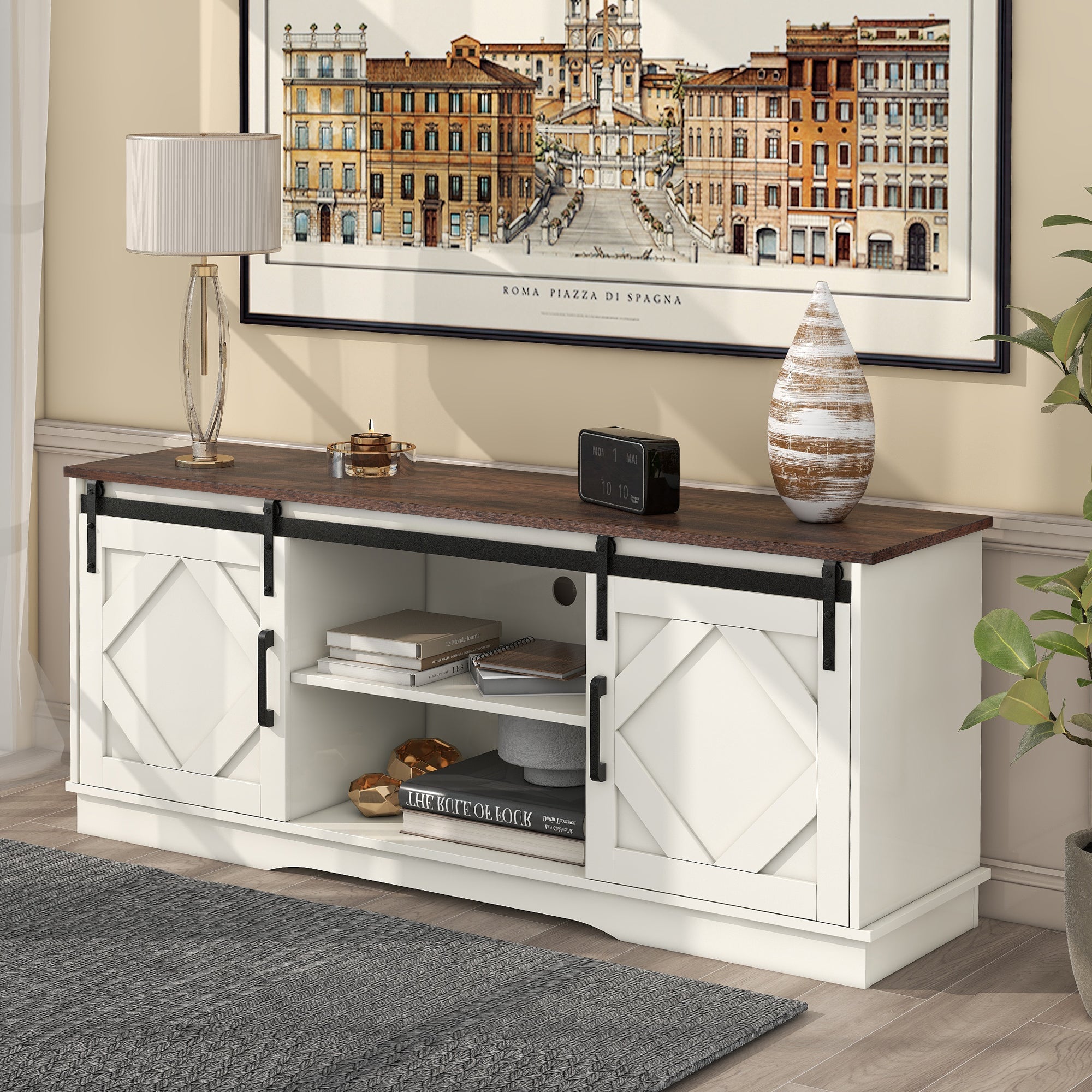 Logidon Large TV Cabinet Brown-White With Sliding Doors 150×40×60 cm