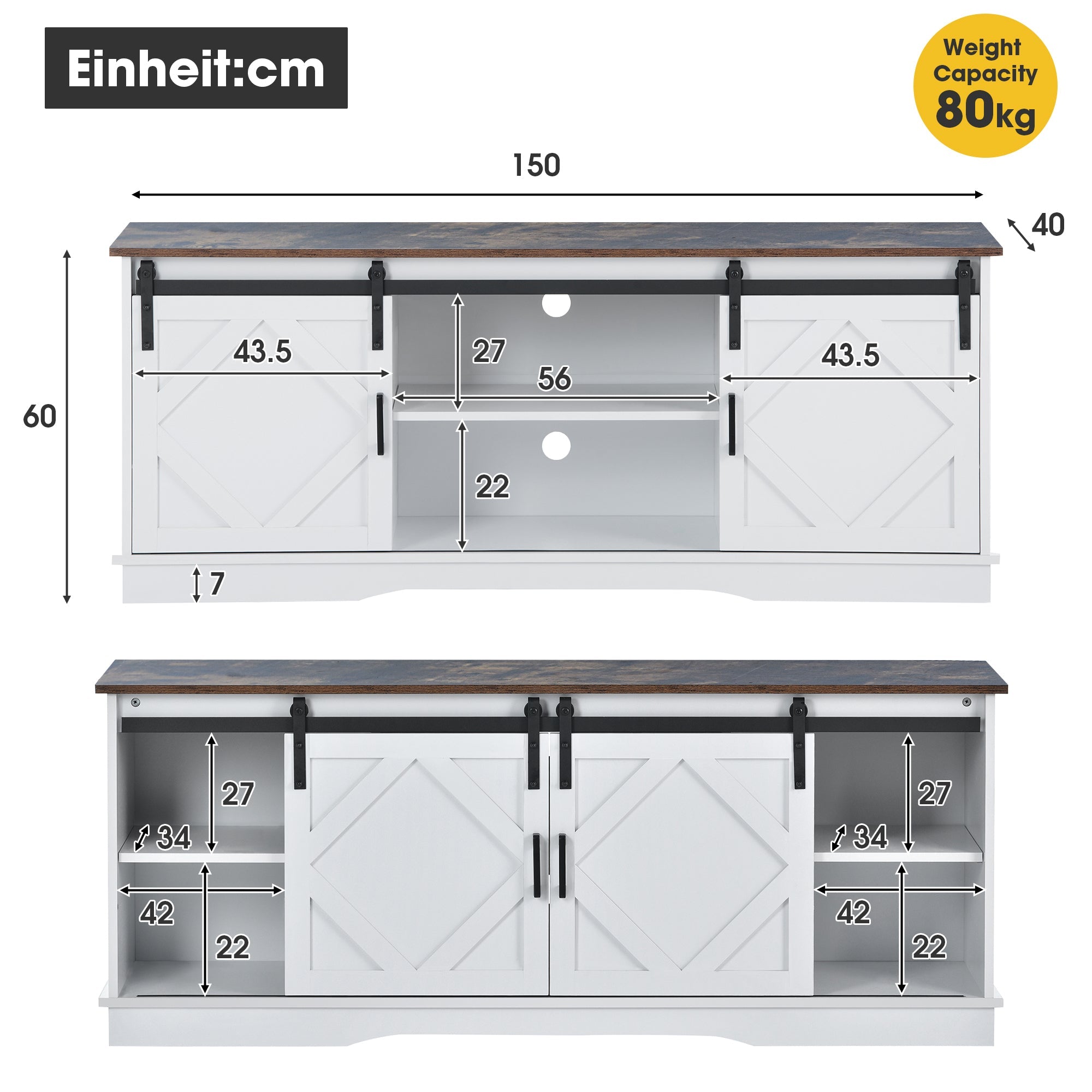 Logidon Groot TV-meubel Bruin-Wit Met Schuifdeuren 150×40×60 cm