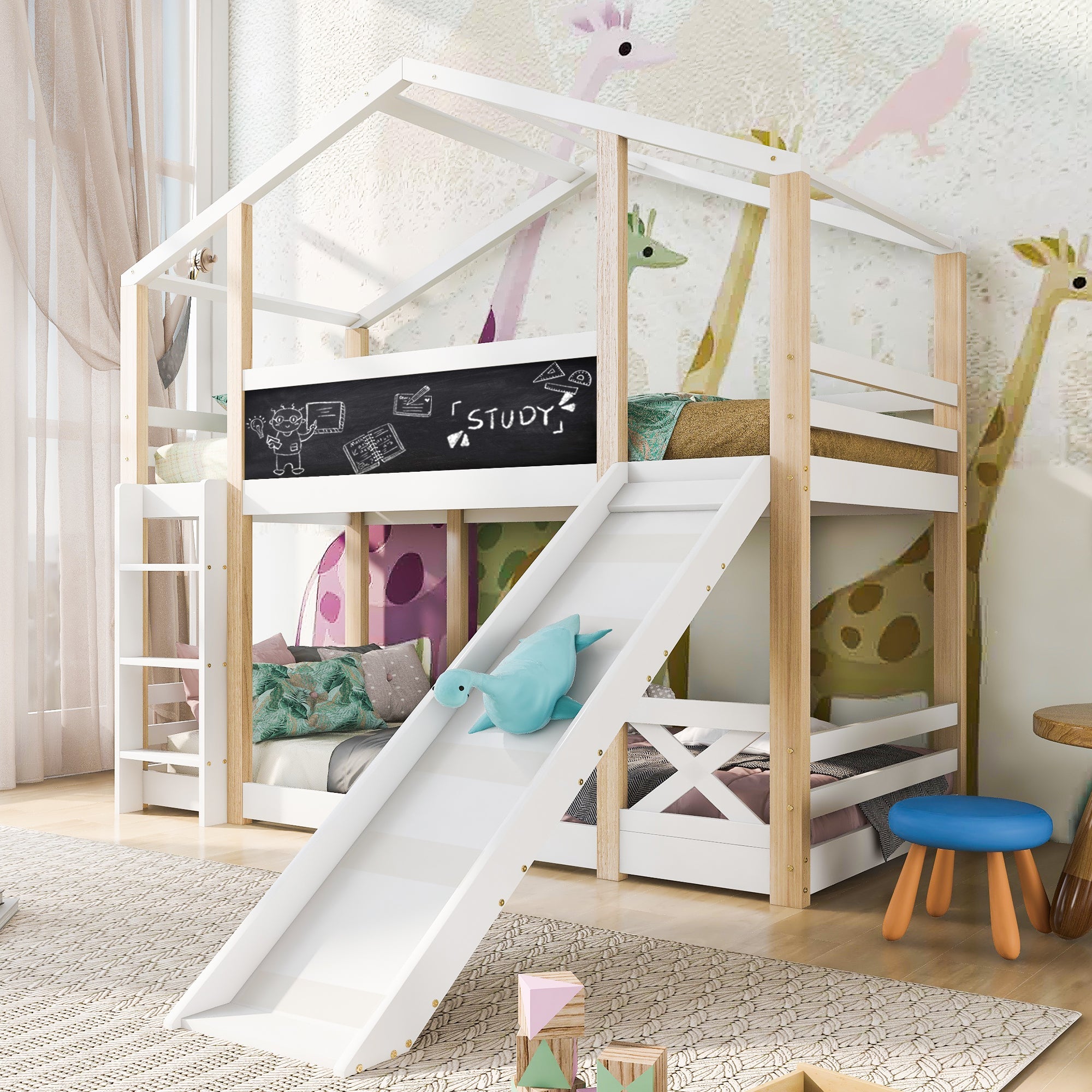Logidon stapelbed 90x200cm met glijbaan en ladder witbruin