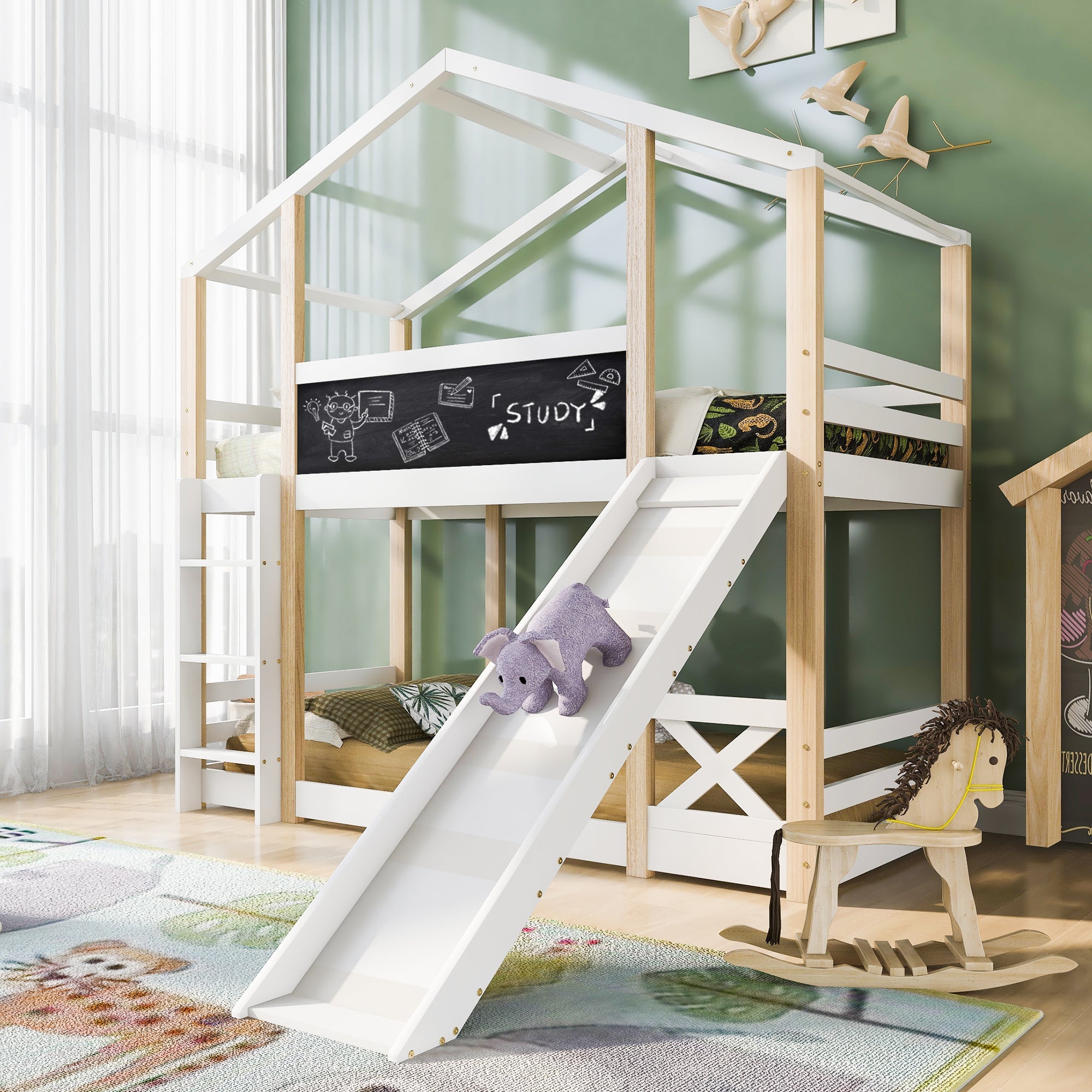 Logidon stapelbed 90x200cm met glijbaan en ladder witbruin