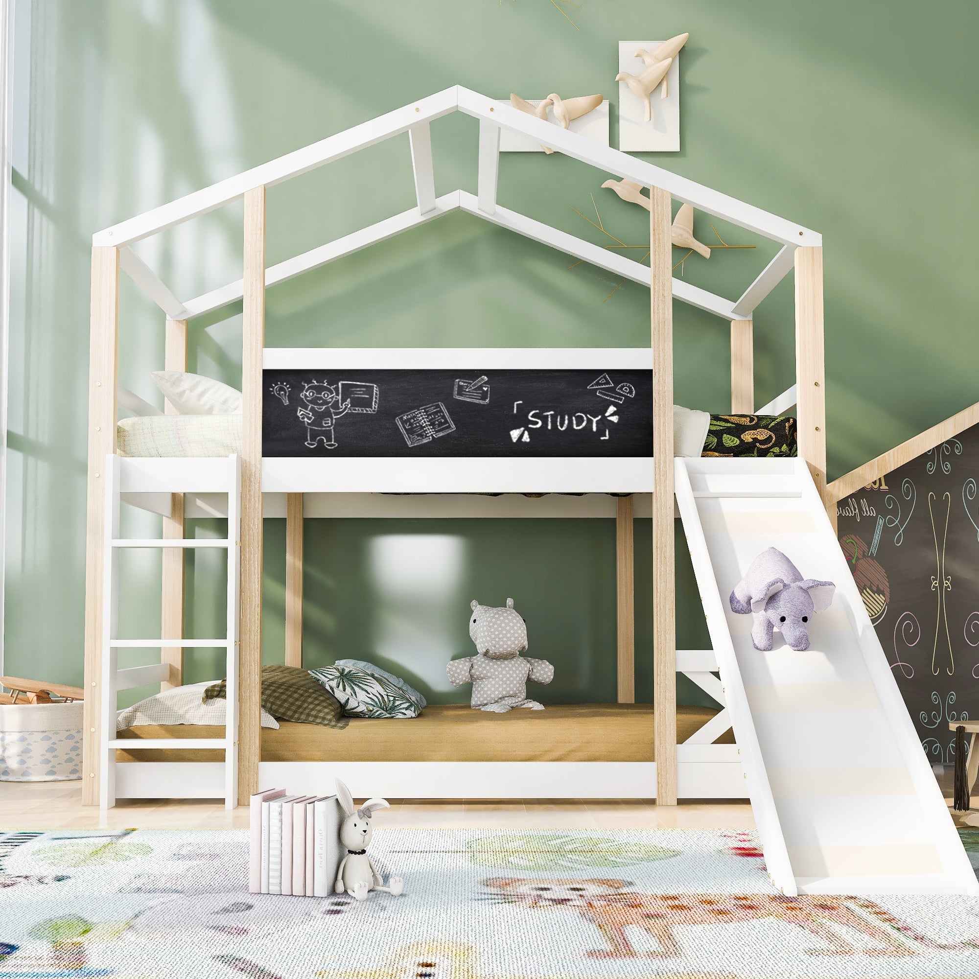 Logidon stapelbed 90x200cm met glijbaan en ladder witbruin