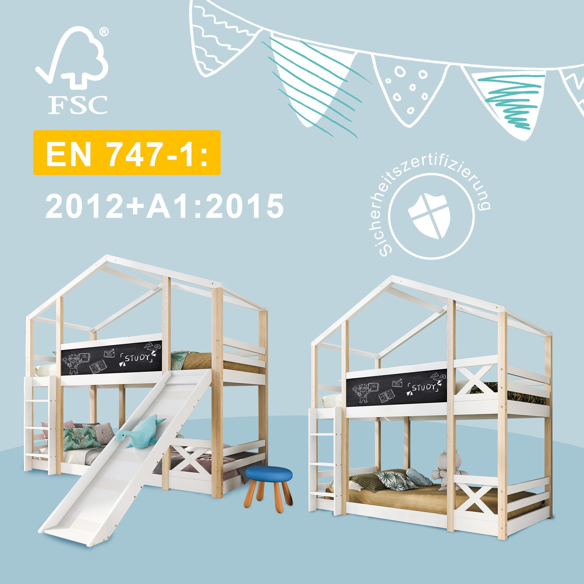 Logidon stapelbed 90x200cm met glijbaan en ladder witbruin