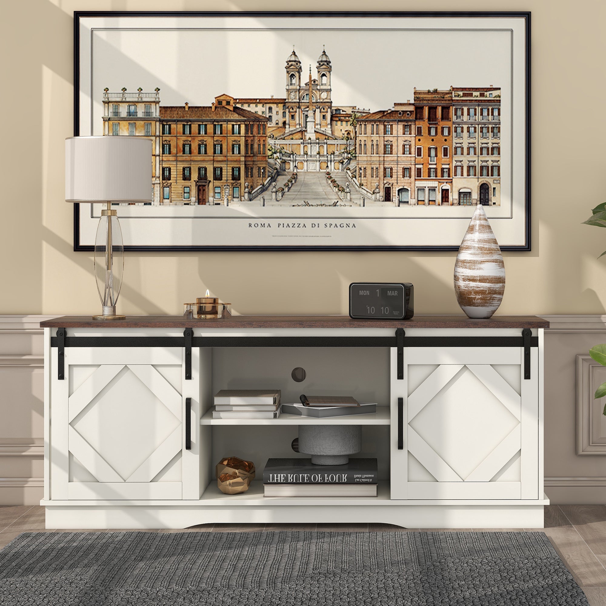 Logidon Large TV Cabinet Brown-White With Sliding Doors 150×40×60 cm