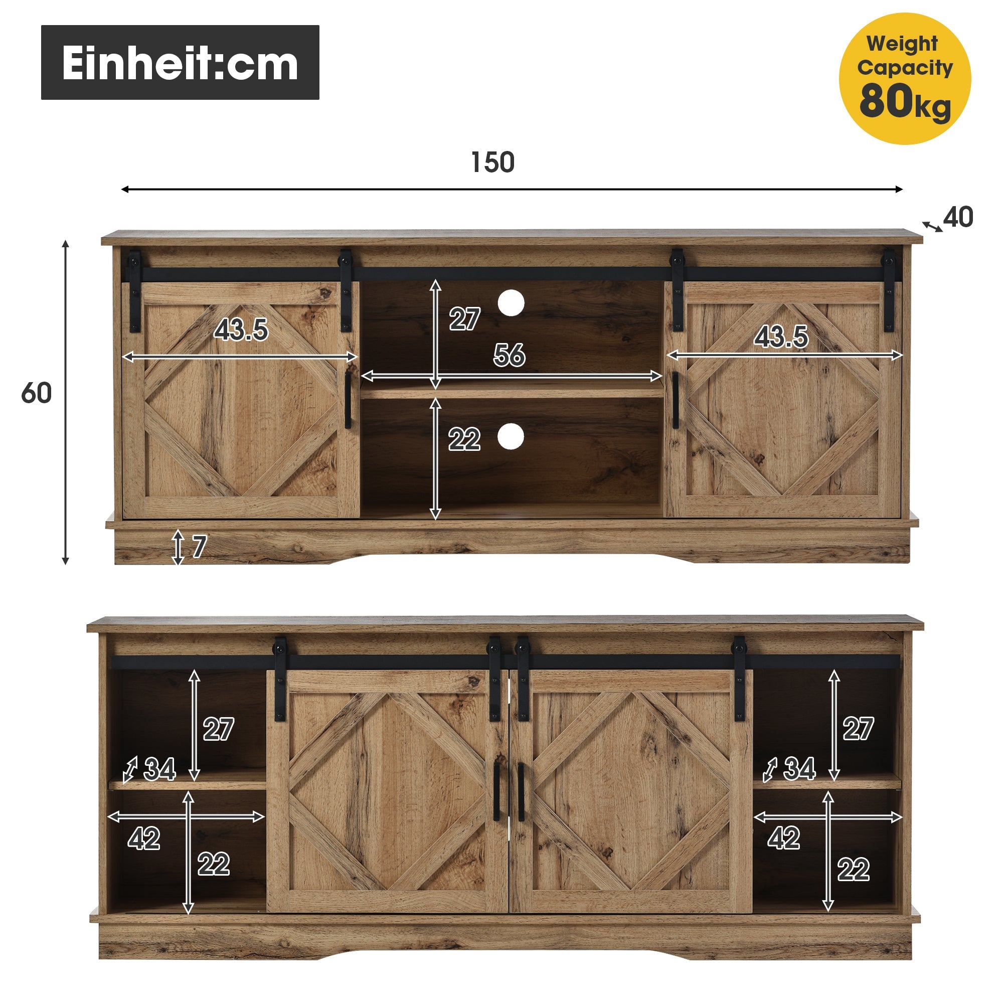 Logidon TV-meubel Groot Bruin 150 x 40 x 60 cm met 2 Schuifdeuren