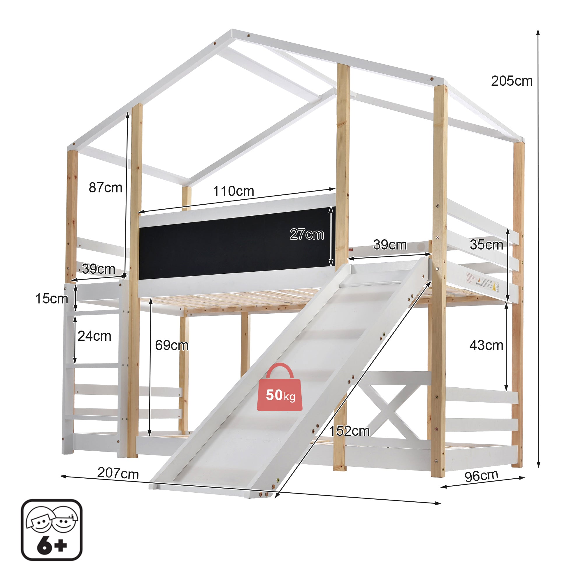Logidon stapelbed 90x200cm met glijbaan en ladder witbruin