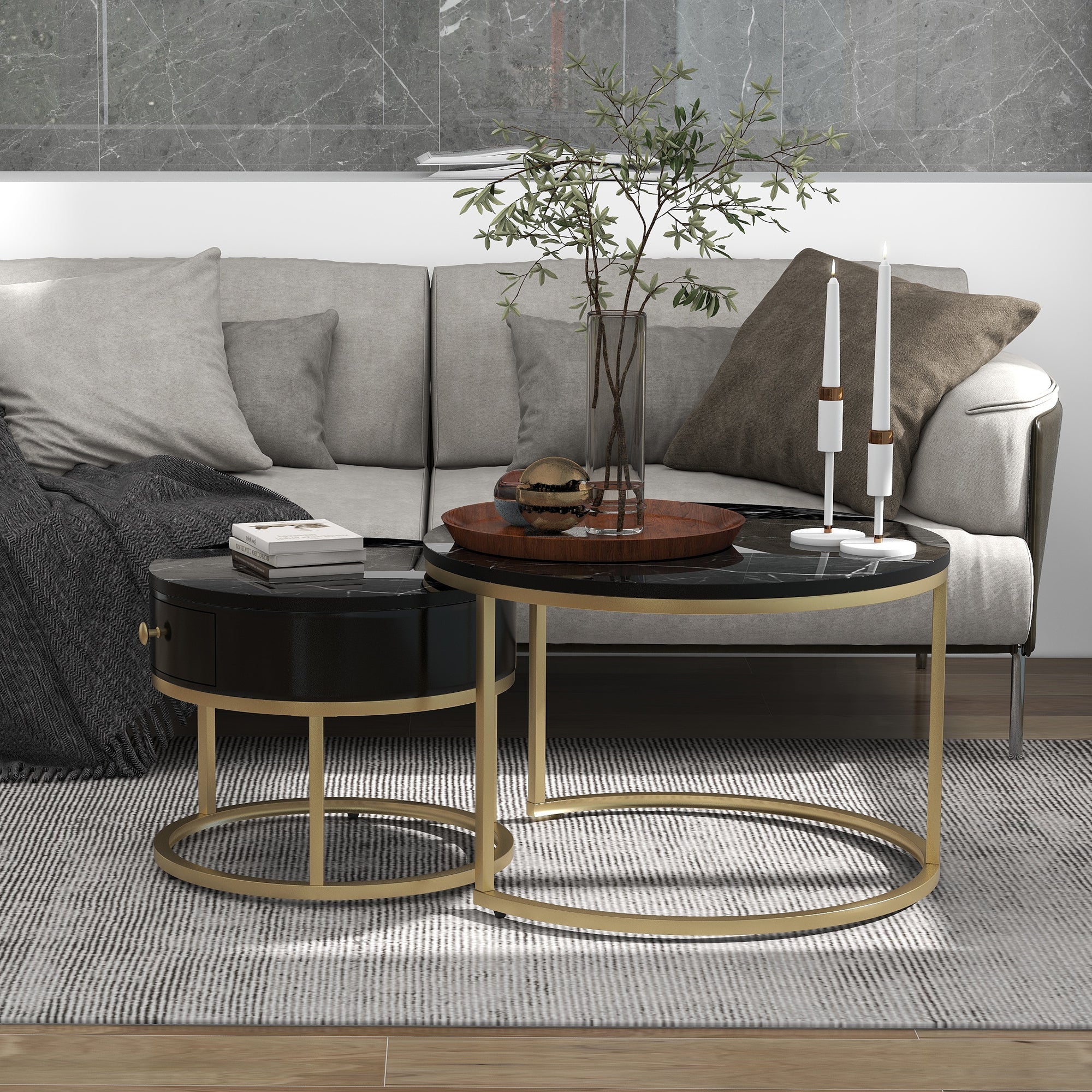 Logidon moderne salontafel met zwart marmerpatroon set van 2
