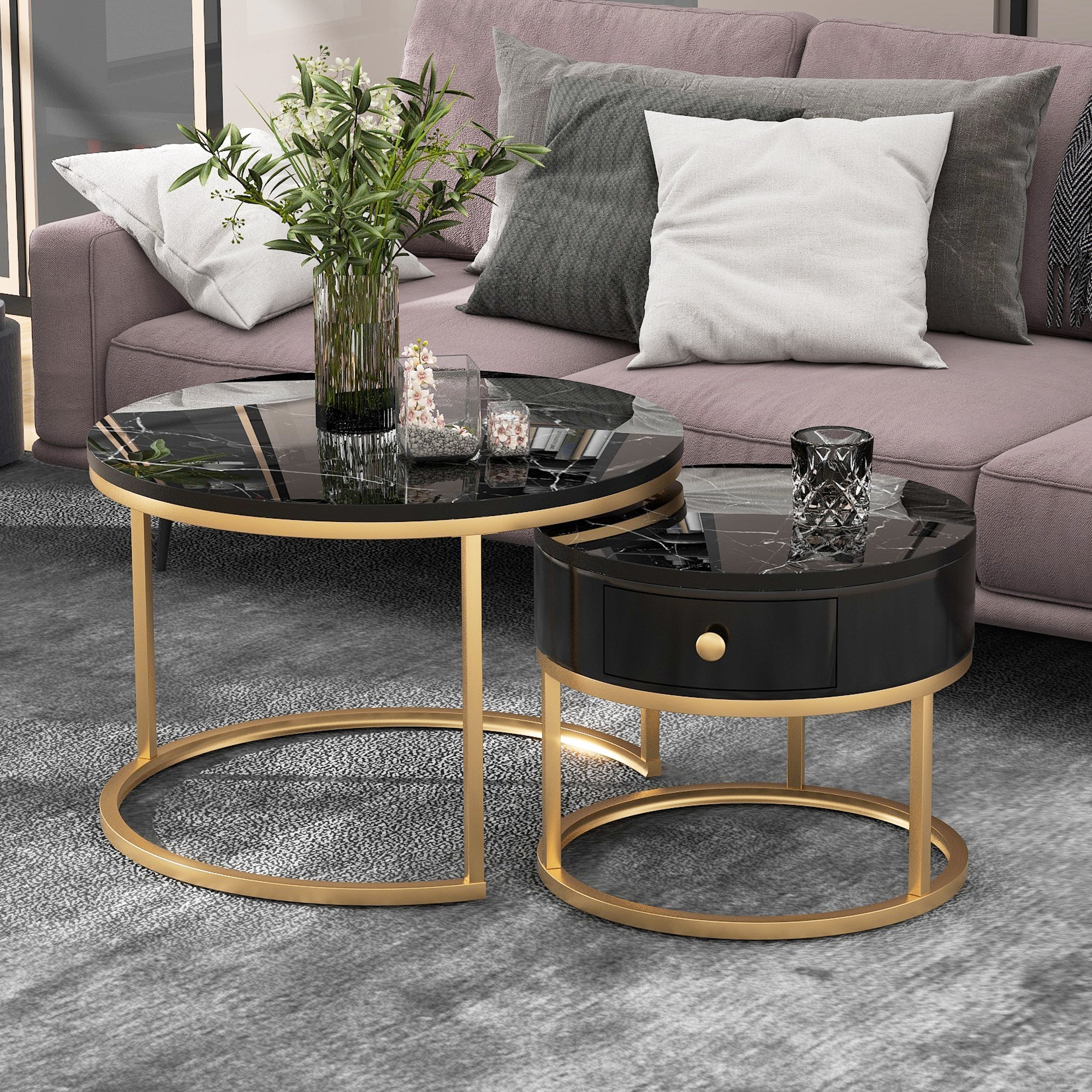 Logidon moderne salontafel met zwart marmerpatroon set van 2