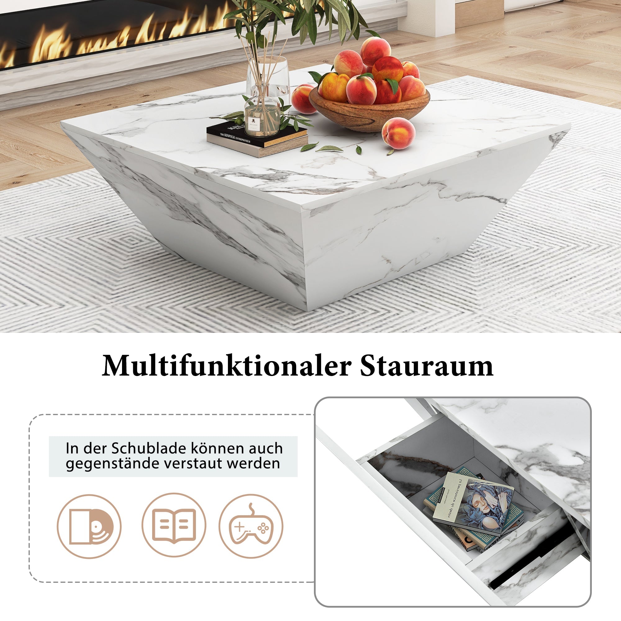 Logidon Moderne Trapezium Drum Salontafel Wit Marmer Fineer 70x70x37 cm