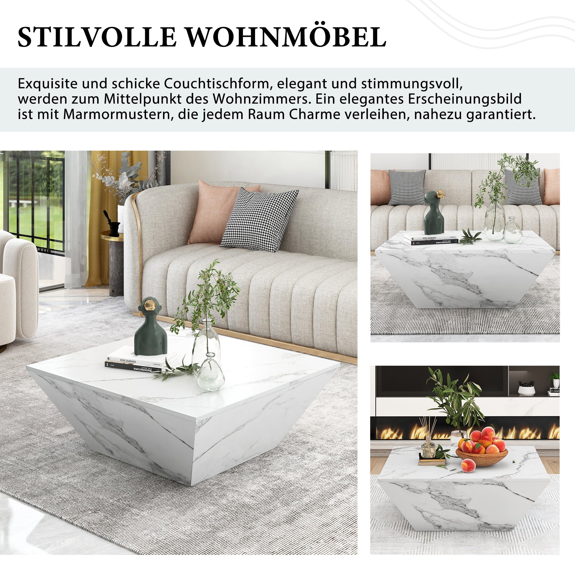 Logidon Moderne Trapezium Drum Salontafel Wit Marmer Fineer 70x70x37 cm