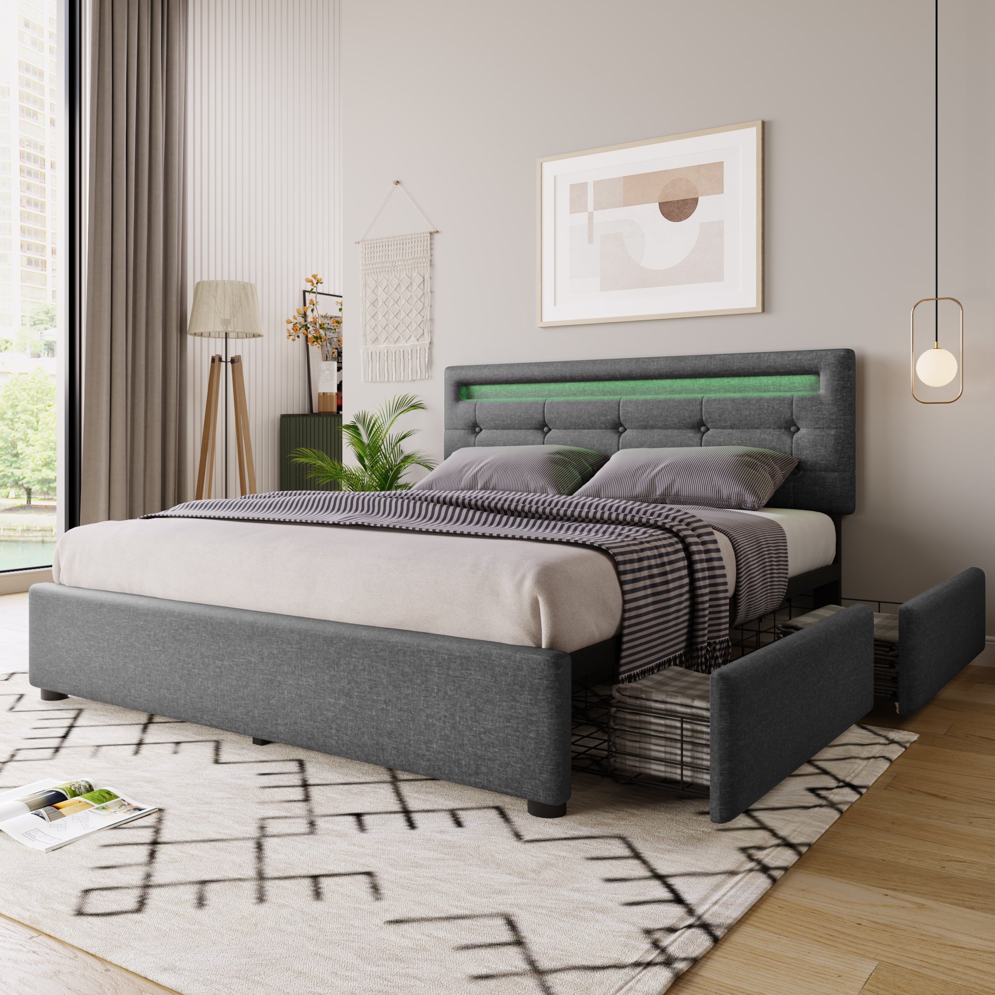 Logidon bed frame 140x200 cm with LED lighting 4 drawers gray