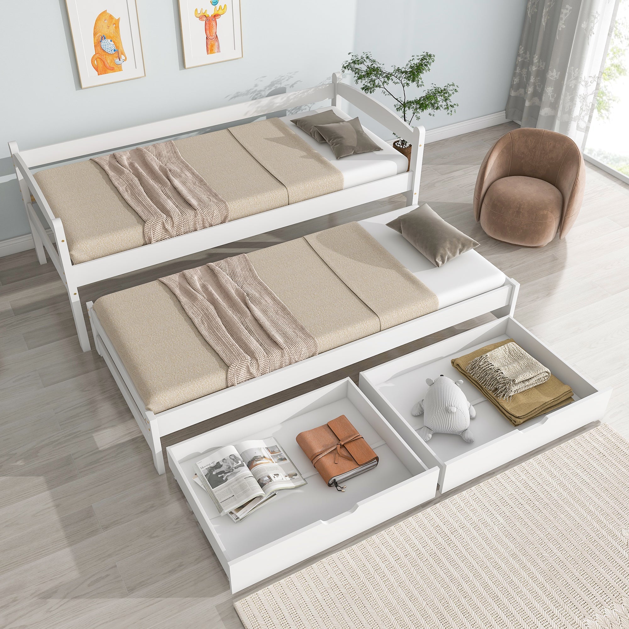 Logidon Daybed Wit Schuifbed met Wielen 2 Laden 200x90/190x90