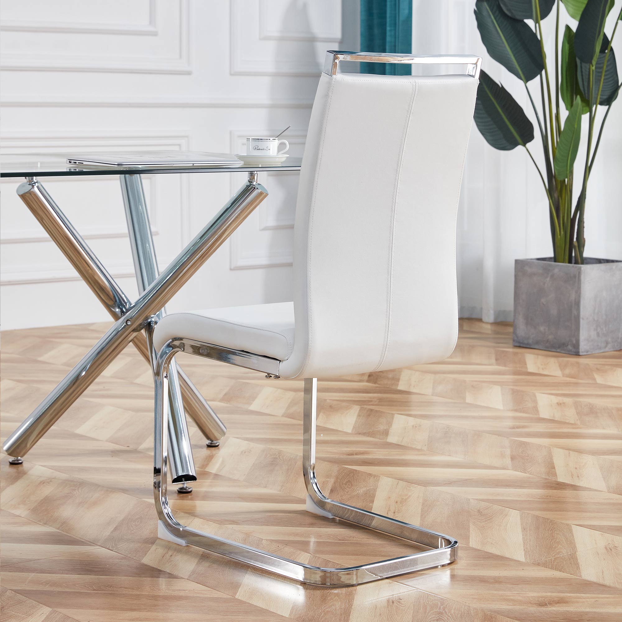 Logidon cantilever chair set white faux leather chrome-plated, 120 kg