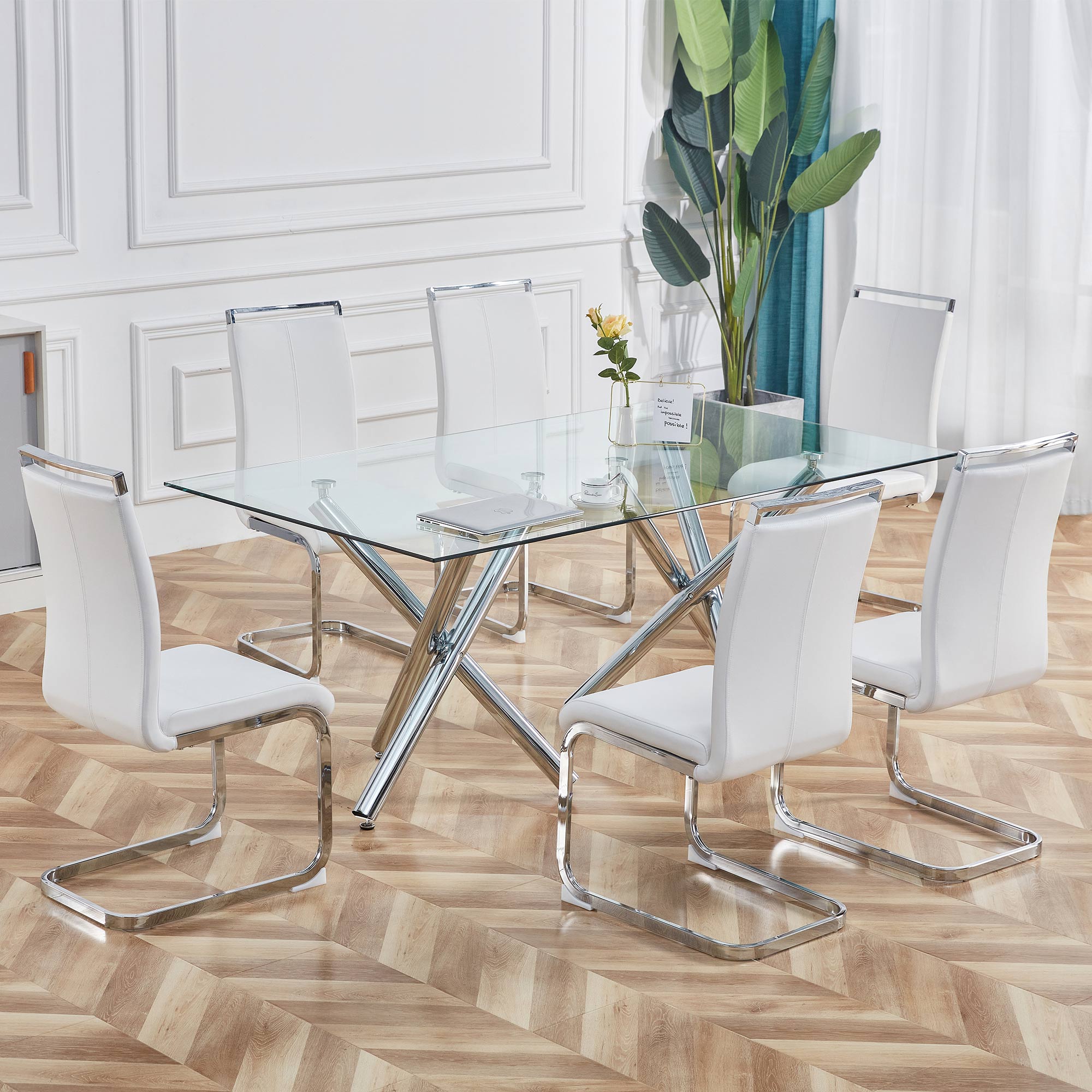 Logidon cantilever chair set white faux leather chrome-plated, 120 kg