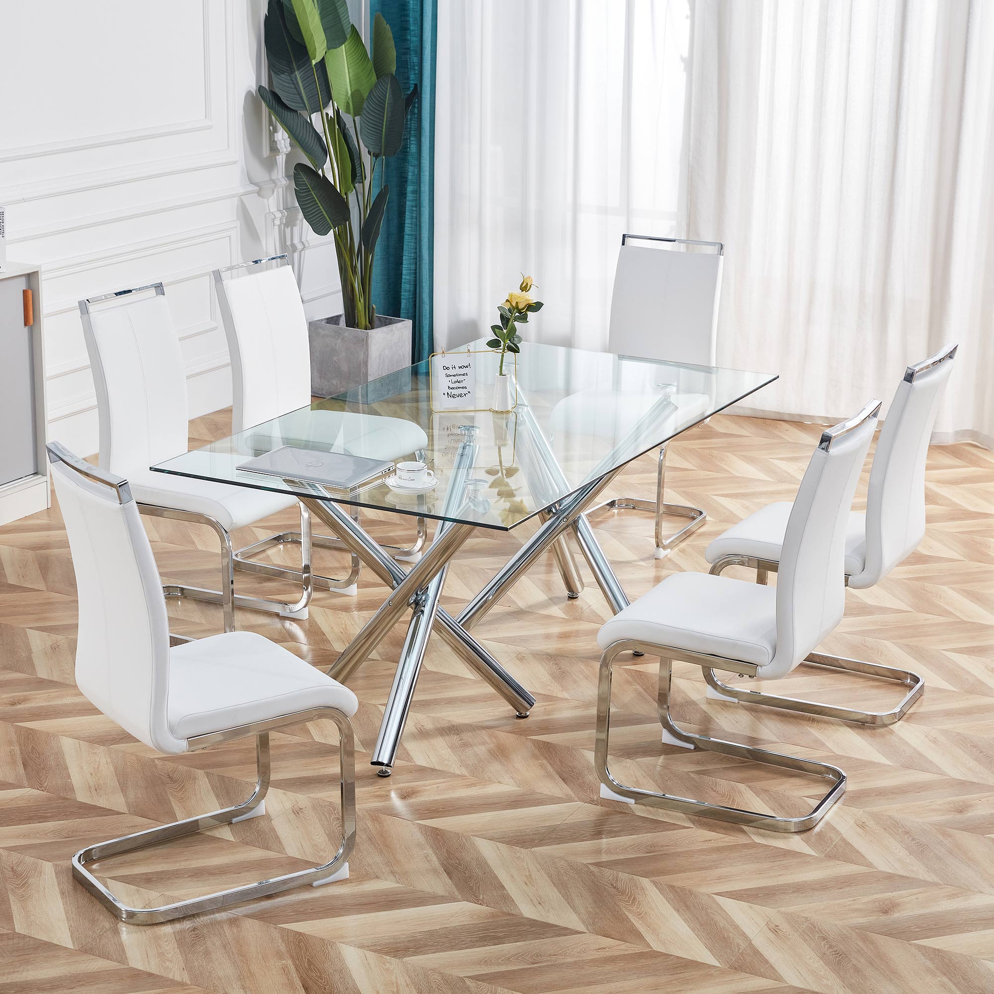 Logidon cantilever chair set white faux leather chrome-plated, 120 kg