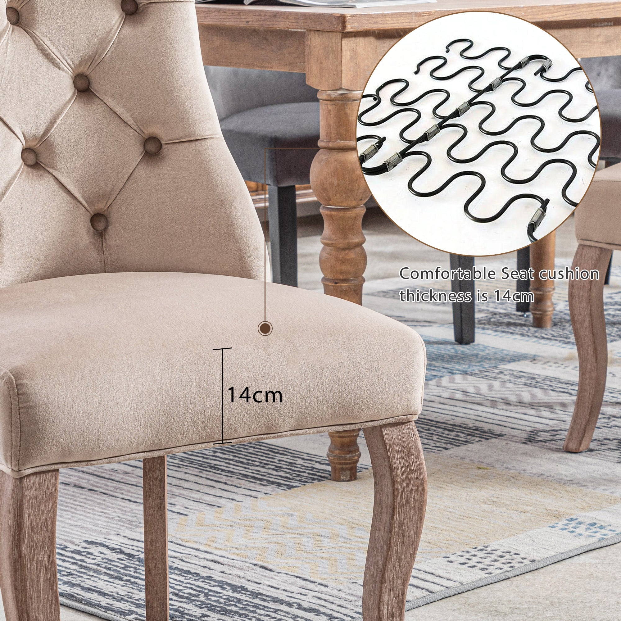 Logidon Velvet Beige 4-legged chair with button quilting and high backrest