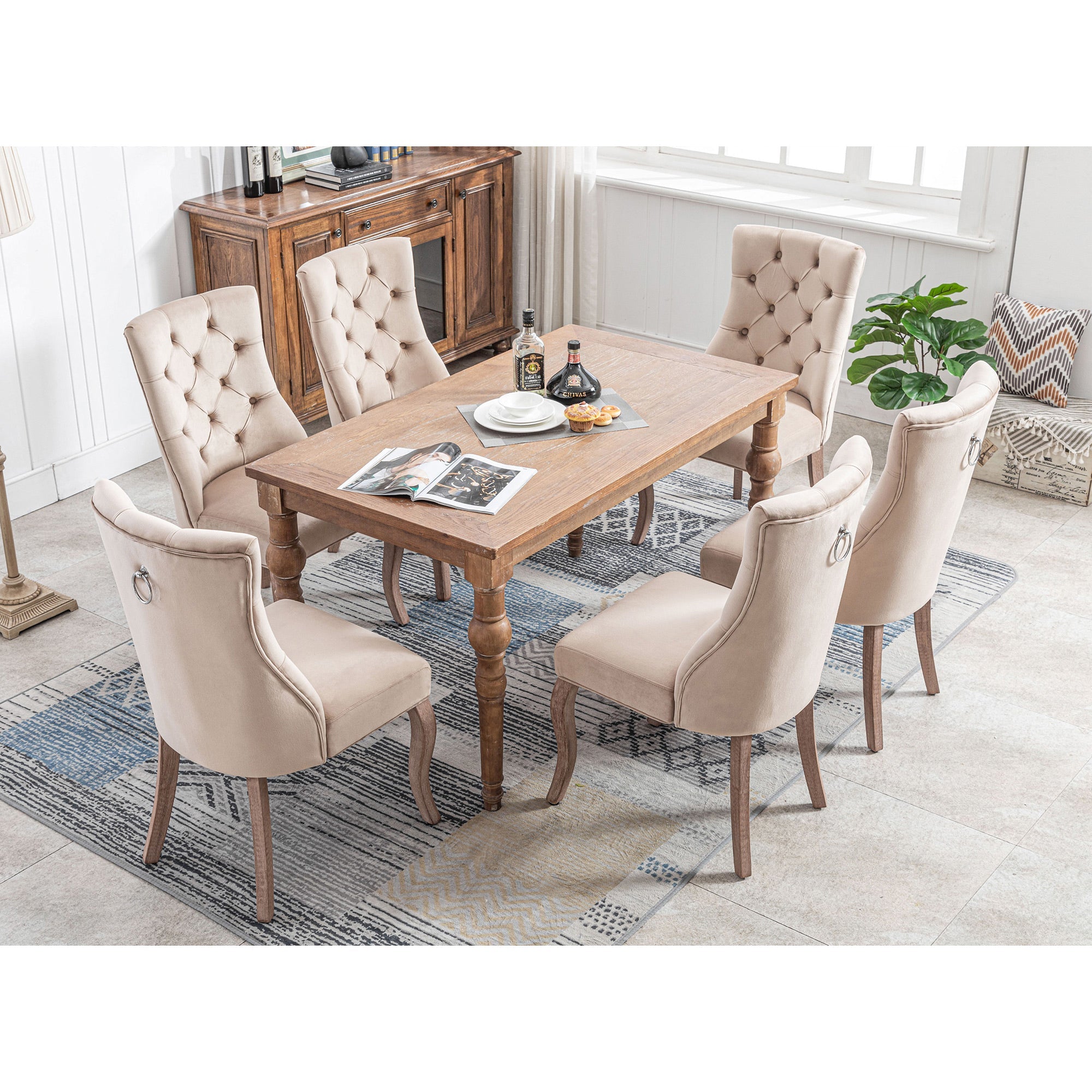 Logidon set van 6 beige fluwelen eetkamerstoelen met doorgestikte knopen