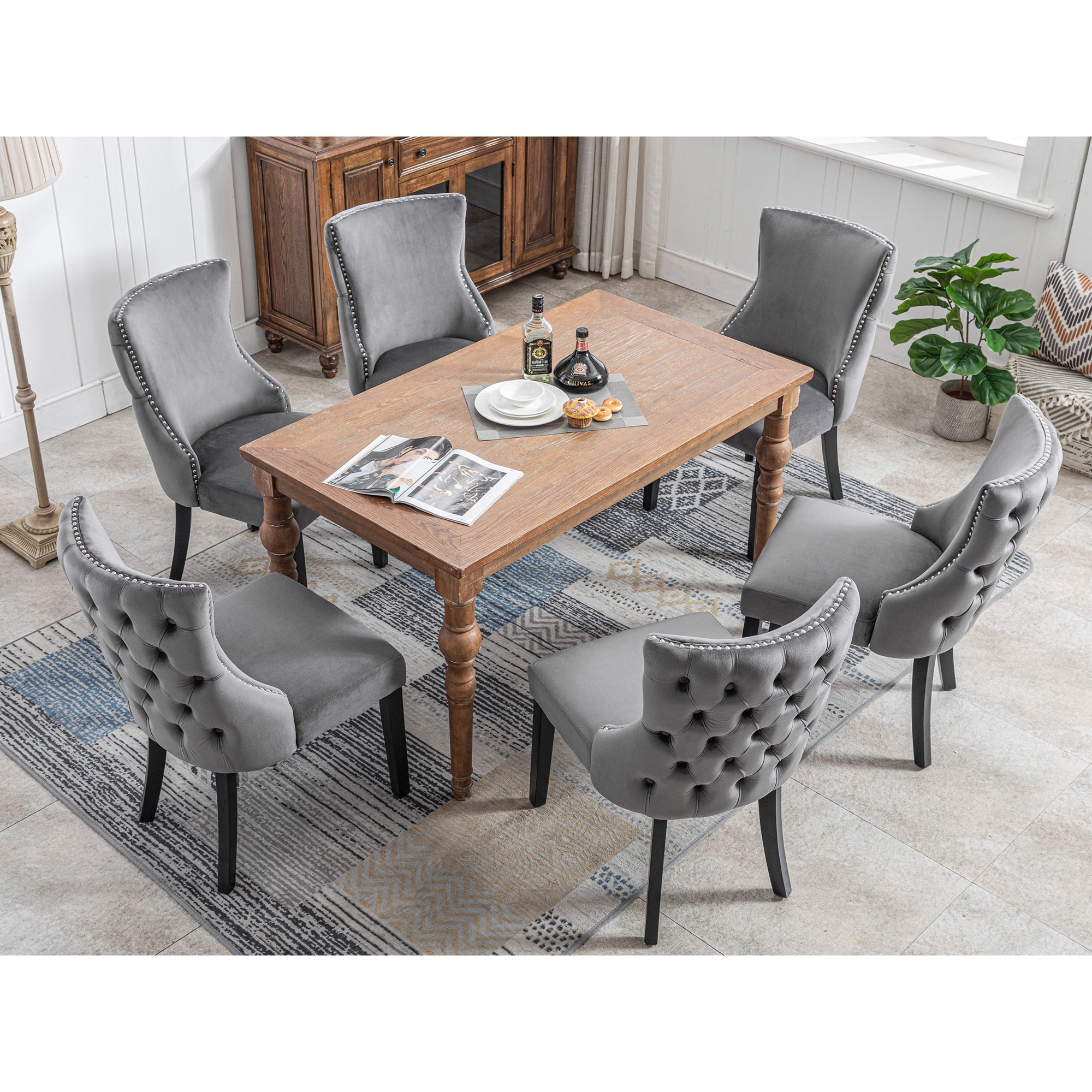 Logidon stoel van 100 cm grijs fluweel met knoopstiksel van massief houten frame, set van 6