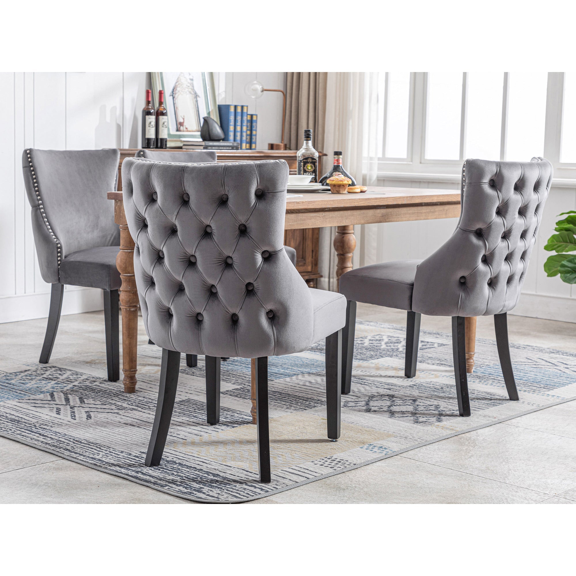 Logidon 12-poots stoel grijs fluwelen knoopsquilt massief houten frame set van 4