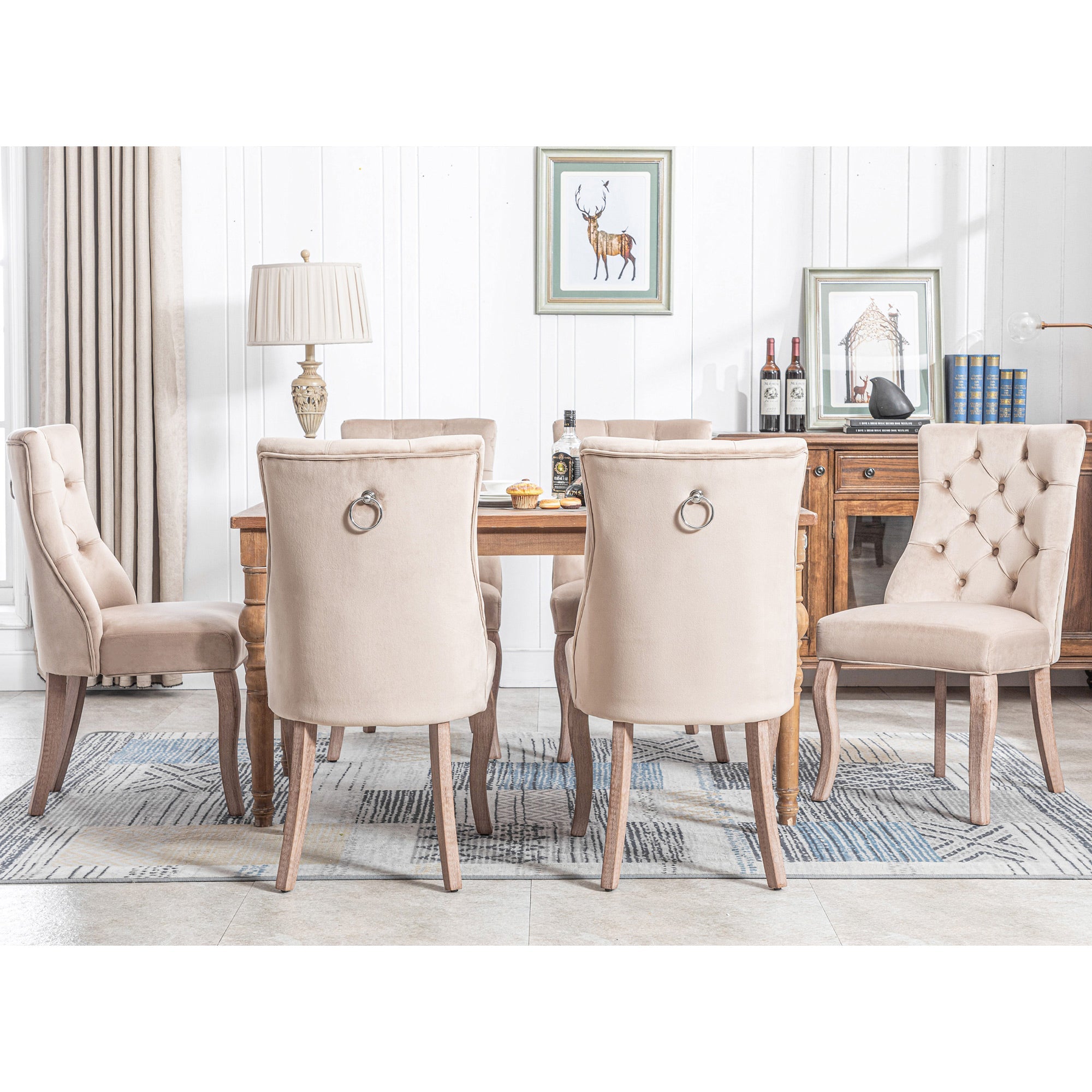 Logidon set van 6 beige fluwelen eetkamerstoelen met doorgestikte knopen