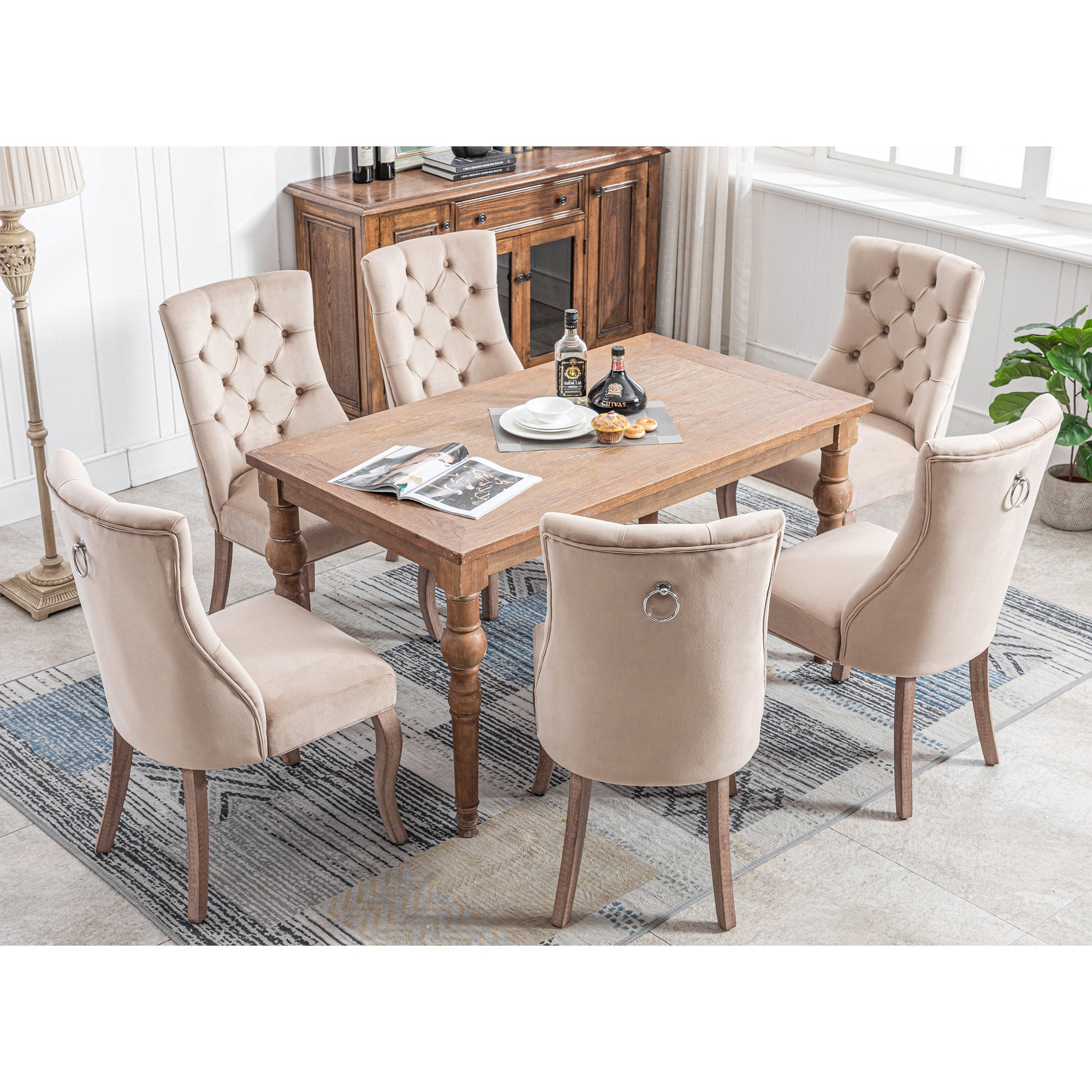 Logidon set van 6 beige fluwelen eetkamerstoelen met doorgestikte knopen