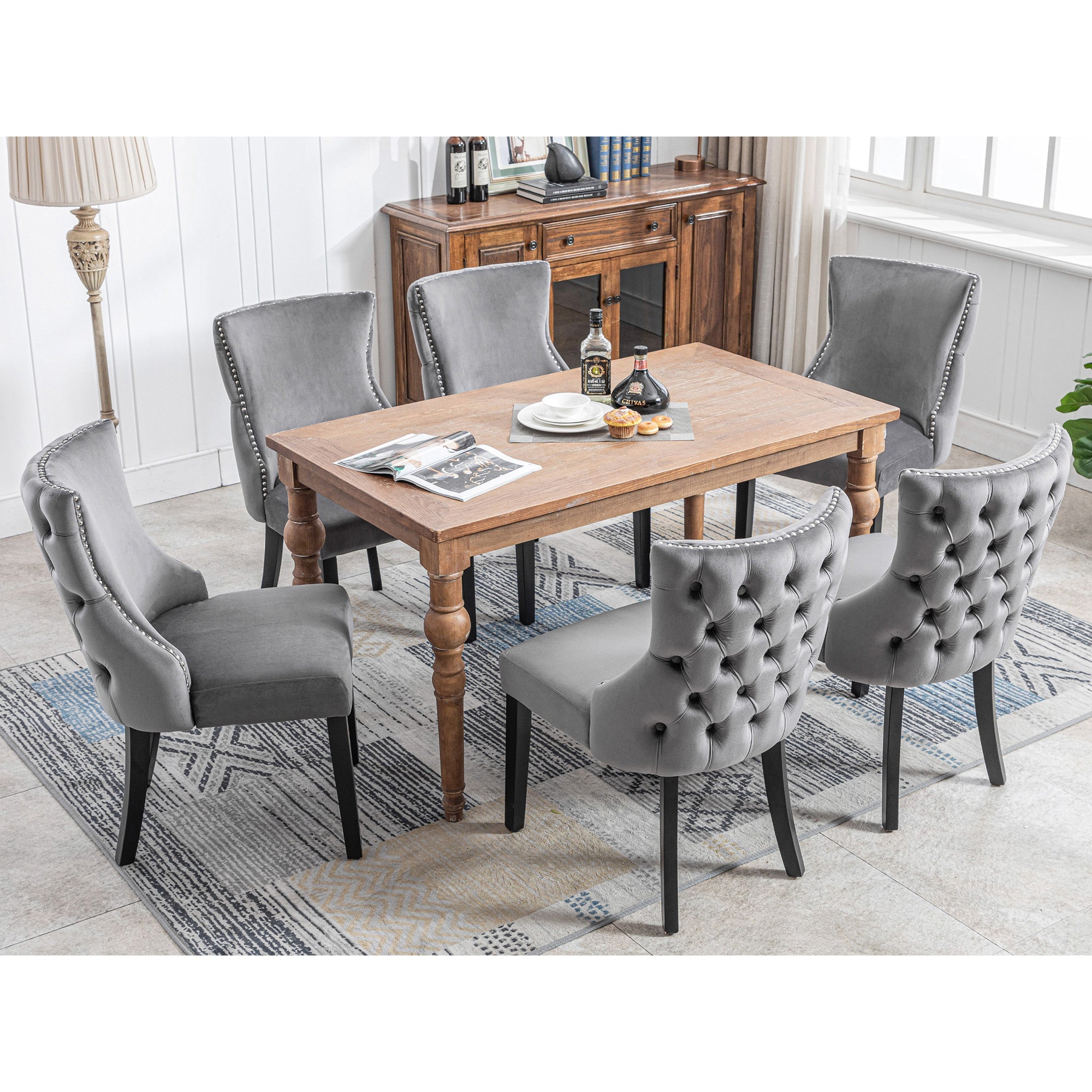 Logidon stoel van 100 cm grijs fluweel met knoopstiksel van massief houten frame, set van 6