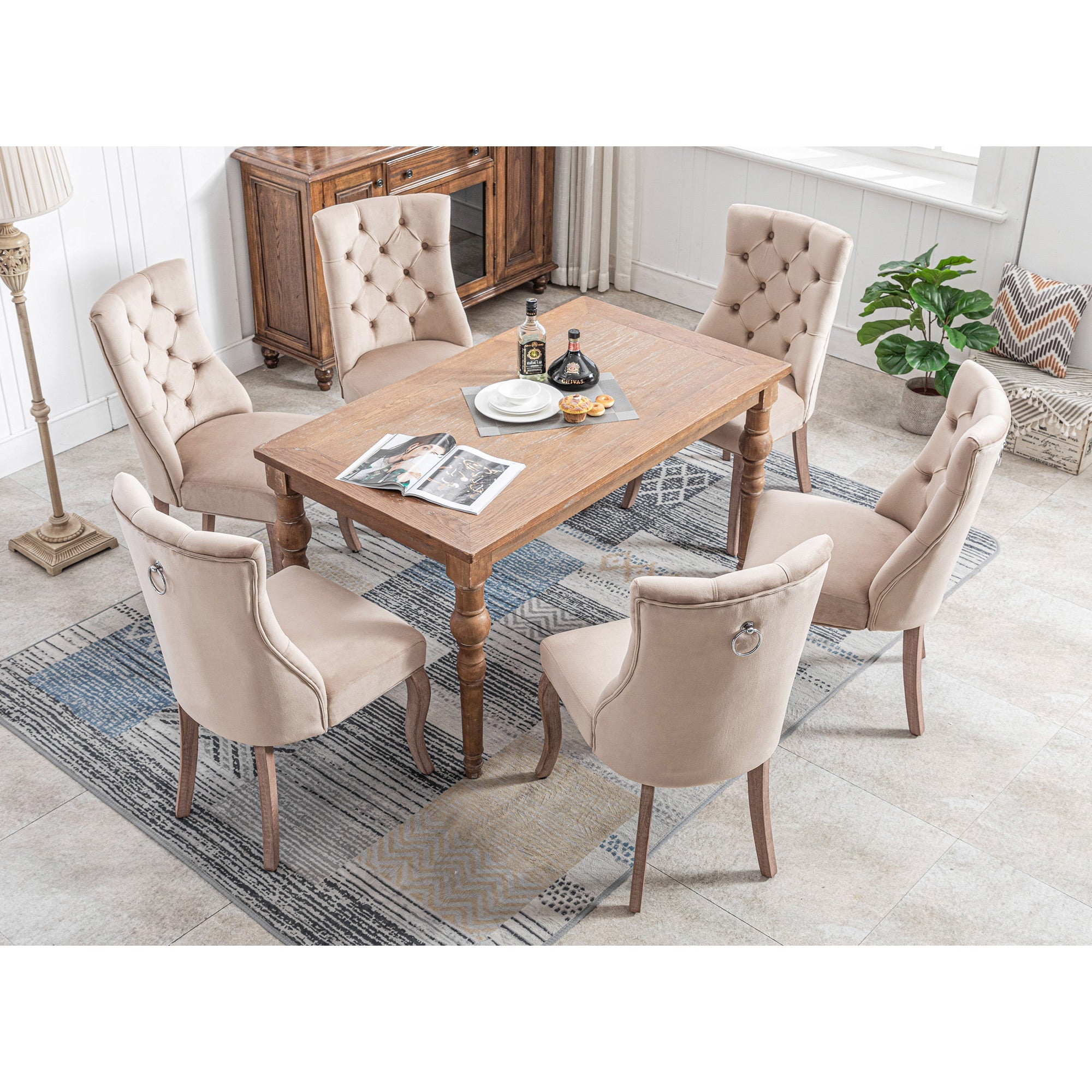 Logidon set van 6 beige fluwelen eetkamerstoelen met doorgestikte knopen