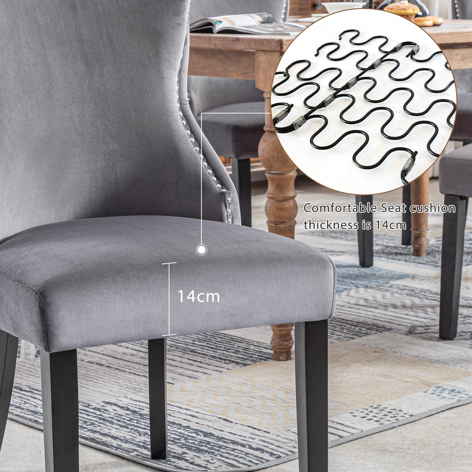 Logidon 12-poots stoel grijs fluwelen knoopsquilt massief houten frame set van 4